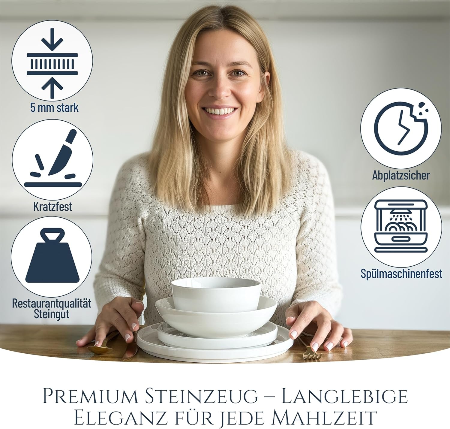 Kryształowy 48-częściowy zestaw naczyń obiadowych z porcelany ZWYCIĘZCA TESTU Zestaw naczyń z przezroczystej porcelany Miski i talerze Serwis obiadowy na 12 zestawów obiadowych Pure Living w kolorze białym