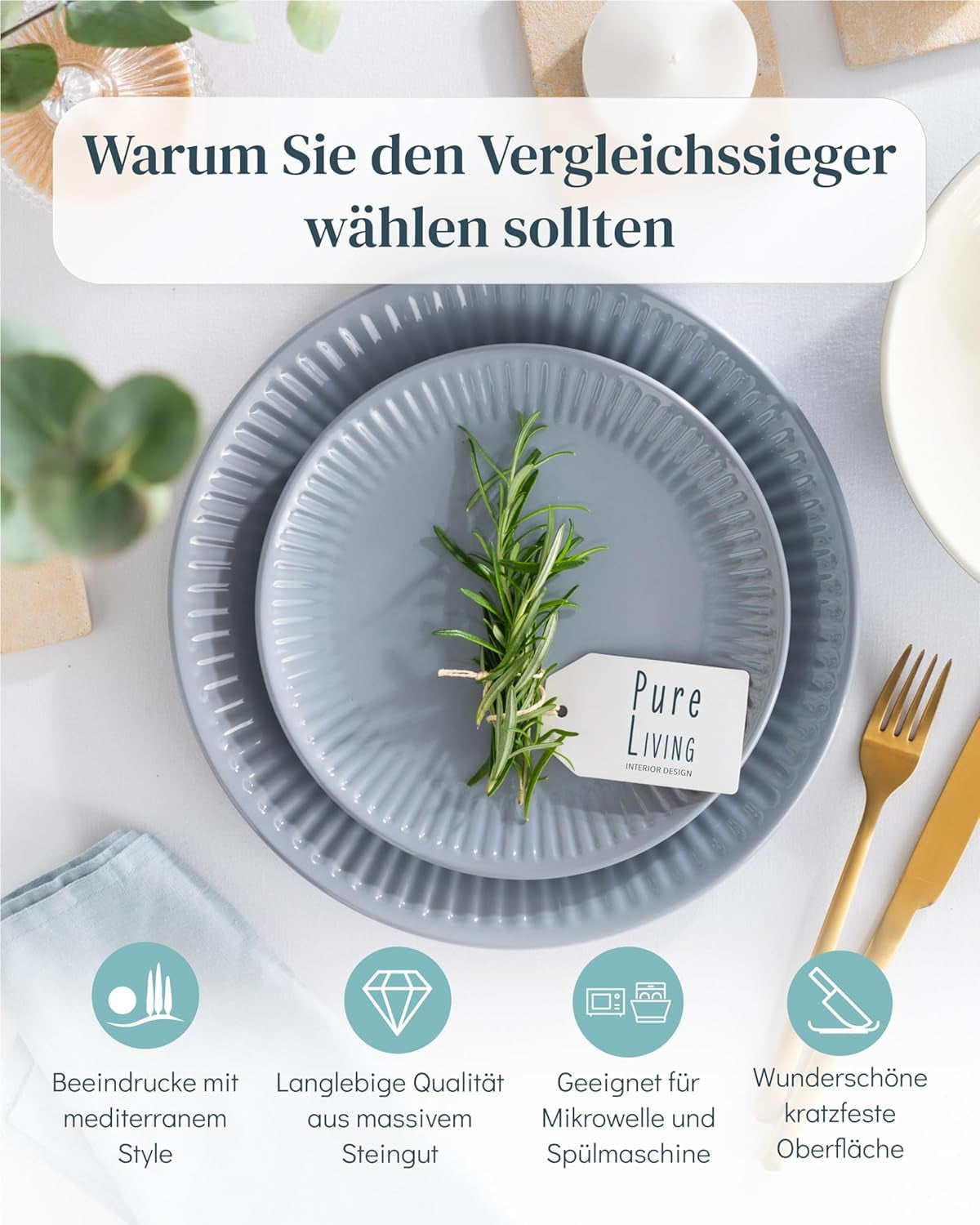 Zestaw ceramicznych naczyń stołowych na 6 osób, Hygge, 24 sztuki. ZWYCIĘZCA TESTU Marzycielska skandynawska kamionkowa zastawa stołowa Zestaw misek i talerzy Serwis obiadowy na 6 zestawów naczyń obiadowych Pure Living w kolorze szaro-niebieskim