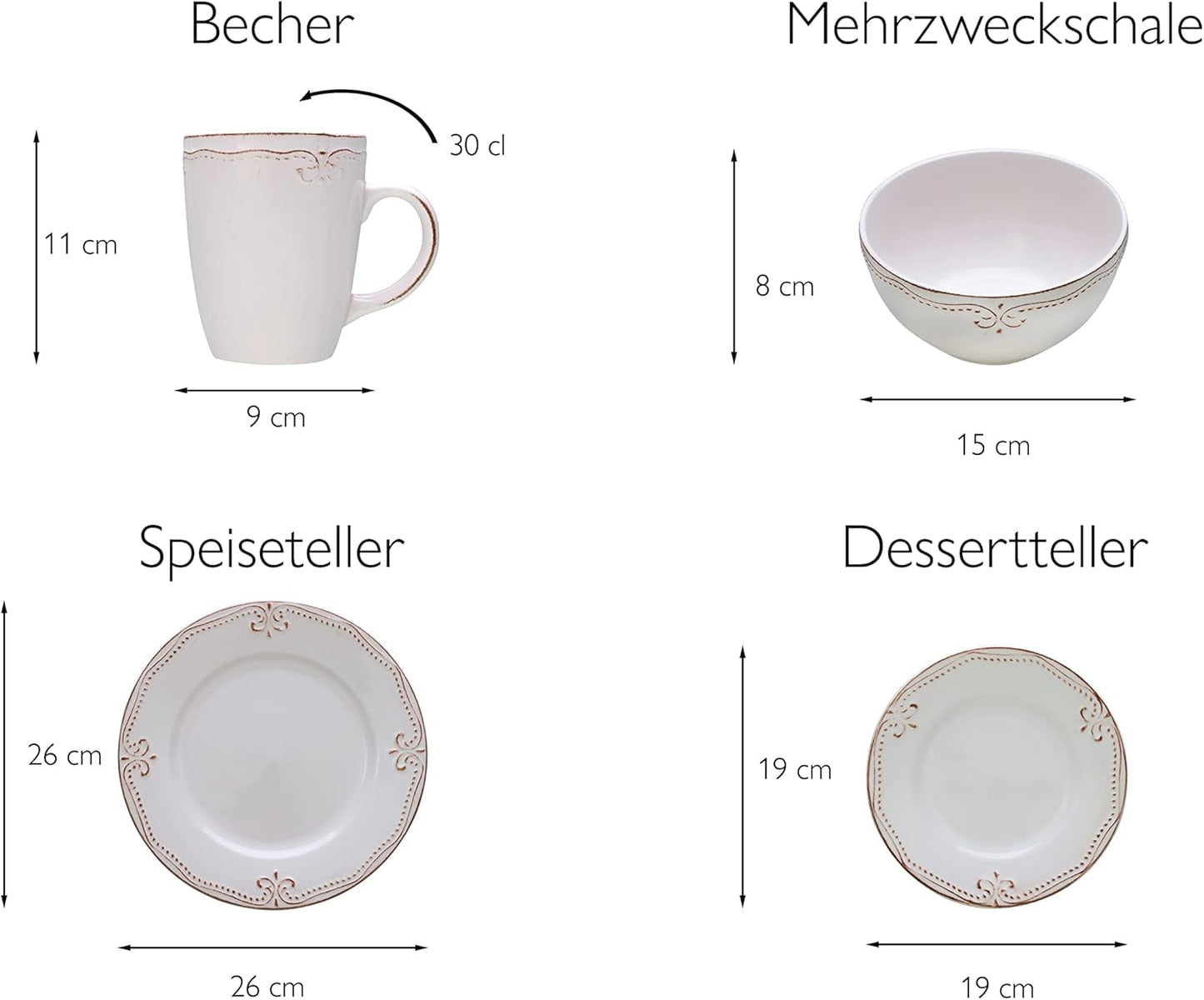 CreaTable, 23601, seria Romantic Vintage, 16-częściowy zestaw naczyń obiadowych dla 4 osób, usługa łączenia porcelany, można myć w zmywarce i używać w kuchence mikrofalowej, jakość produkcji