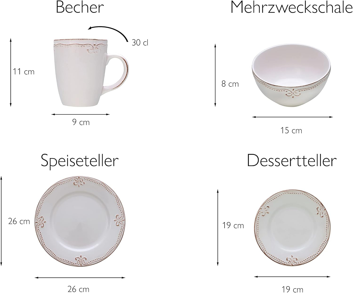 CreaTable, 23601, seria Romantic Vintage, 16-częściowy zestaw naczyń obiadowych dla 4 osób, usługa łączenia porcelany, można myć w zmywarce i używać w kuchence mikrofalowej, jakość produkcji
