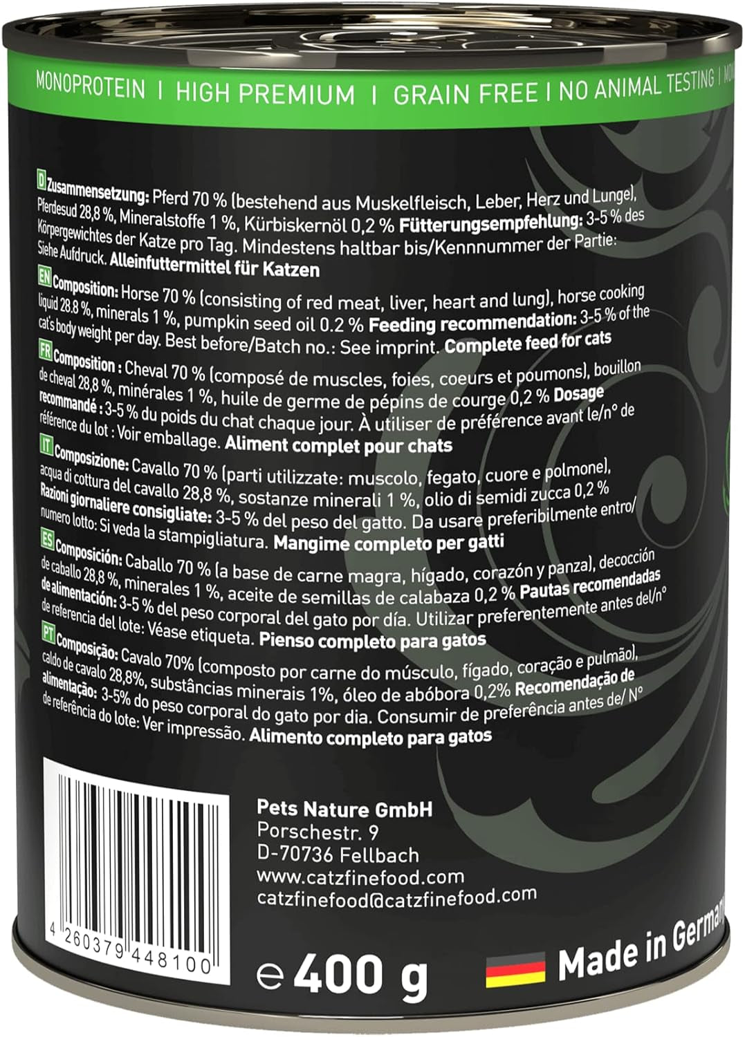 Mokra karma dla kotów Catz Finefood Purrrr Horse Monoprotein no. 123, dla kotów z wrażliwym układem trawiennym, zawartość mięsa 70%, 6 pudełek x 400 g