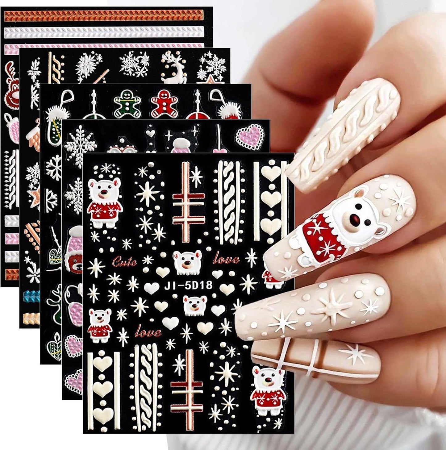 5 Blatt 3D Nagelsticker Weihnachten Nagelaufkleber 5D Stereoskopisch Selbstklebend Schneeflocke-Weihnachtswinterurlaub Nail Art Naklejka Dekoration Nageldesign Zubehör