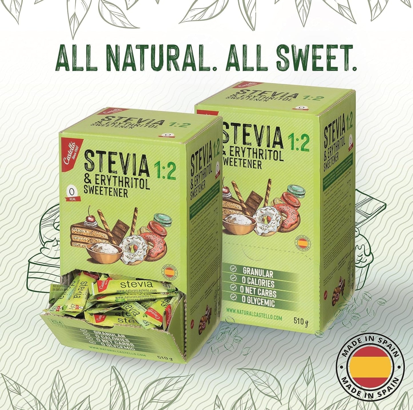 Stewia + Erytrytol 1:2 Süßstoff | 204 Torba Mit 2,5 G | 100% Natürlicher Zuckerersatz - 0 Kalorien - 0 Glykämischer Index - Keto Und Paleo - 0 Kohlenhydrat - Kein GVO - Castello od 1907-510 G Słodziki Naty Shop