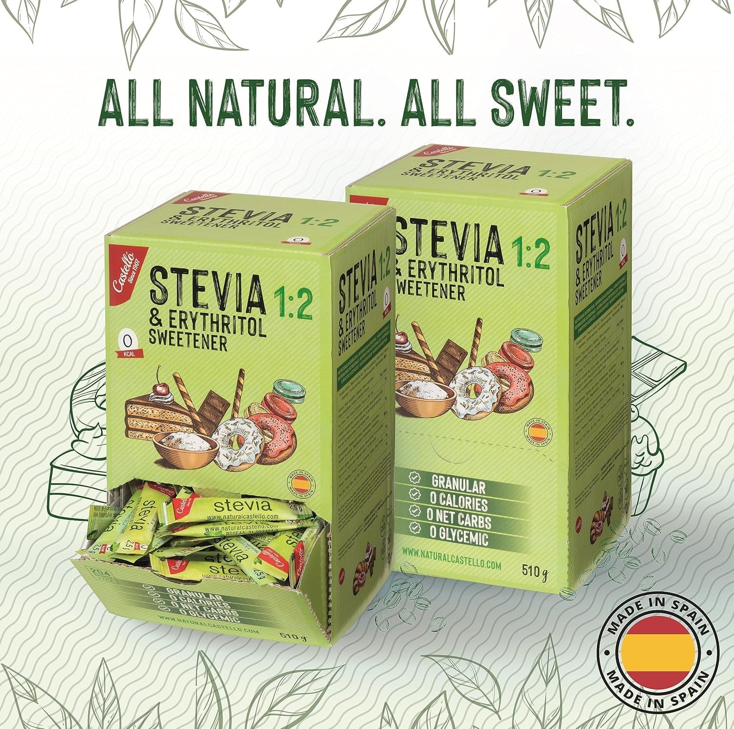 Stewia + Erytrytol 1:2 Süßstoff | 204 Torba Mit 2,5 G | 100% Natürlicher Zuckerersatz - 0 Kalorien - 0 Glykämischer Index - Keto Und Paleo - 0 Kohlenhydrat - Kein GVO - Castello od 1907-510 G Słodziki Naty Shop