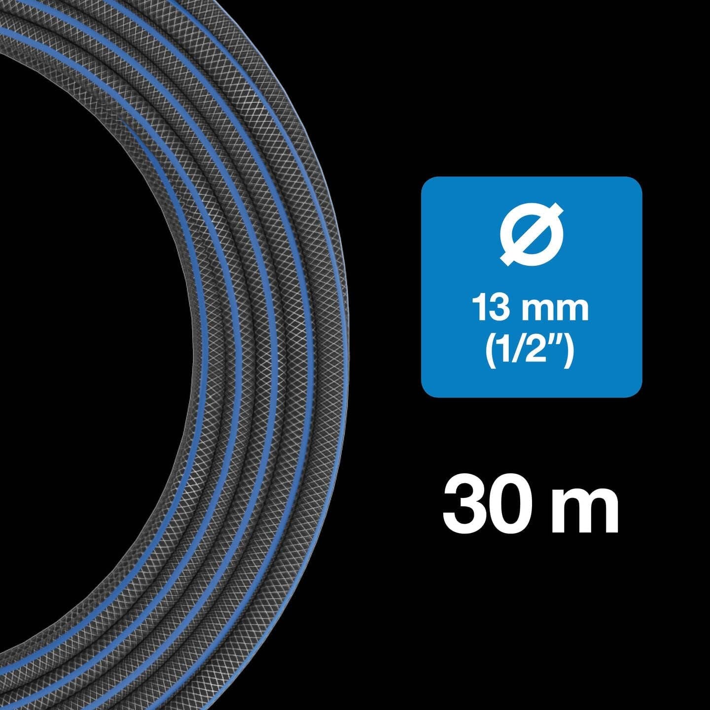 Wąż do wody Fiskars L, ochrona przed promieniowaniem UV, testowany ciśnieniowo, poziom sztywności skrętnej 4 (z 5), 30 m, Ø 1,3 cm (1/2"), 4,2 kg, czarny/pomarańczowy/niebieski, 1027105