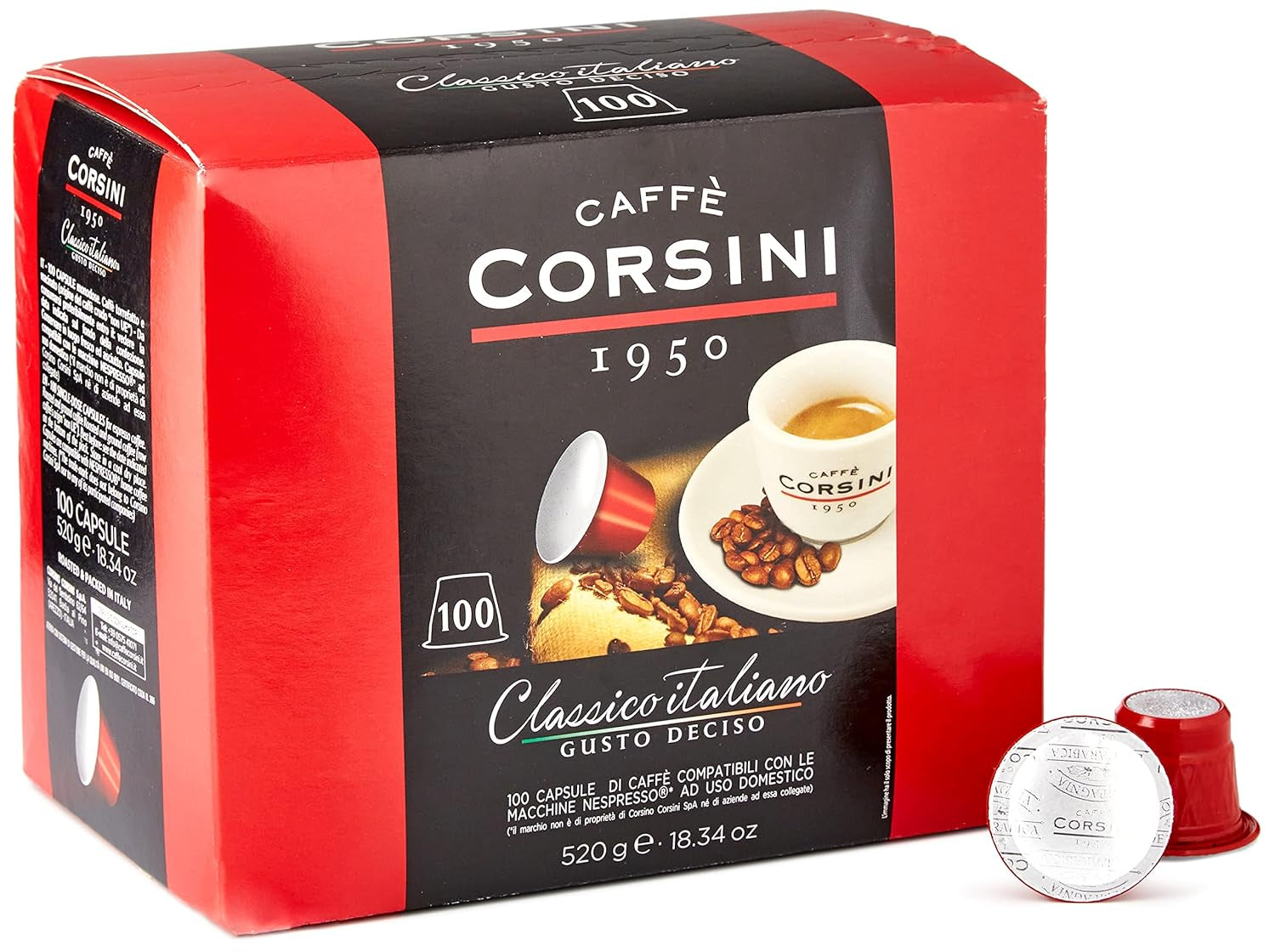 Caffè Corsini - Classico Italiano, Miscela Di Caffè In Nespresso Kompatybilne kapsułki, Gusto Forte E Deciso - Confezione Da 100 kapsułek