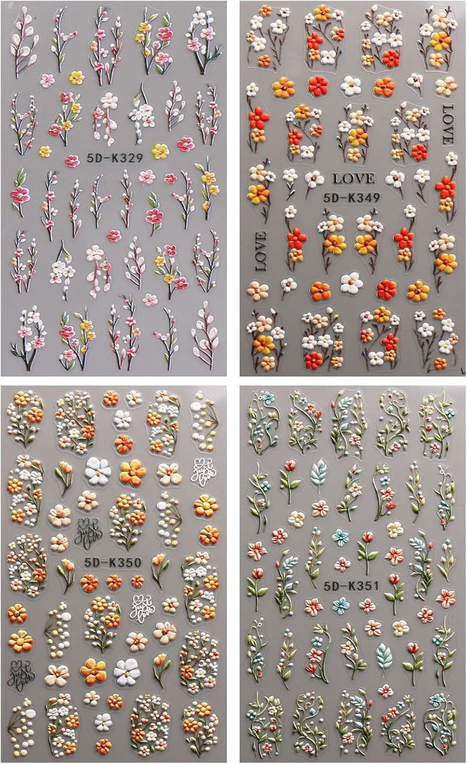 JMEOWIO 3D Nagelsticker Blumen Nail Art Naklejka Selbstklebend Nagelaufkleber 5D Stereoskopisch Herbst Blumen Dekoration Nageldesign Zubehör 4 Blatt