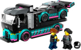 LEGO City Transporter samochodów z samochodem wyścigowym, zabawkową ciężarówką z regulowaną rampą załadunkową i samochodem wyścigowym, zestaw do budowania zawierający 2 minifigurki, kierowcę wyścigowego i kierowcę ciężarówki, dla dzieci od 6 lat 60406 Zestawy do budowania Besuche den LEGO-Store