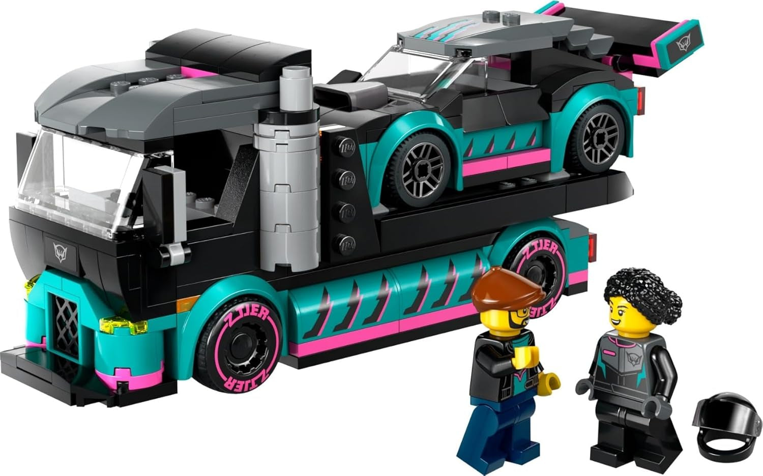 LEGO City Transporter samochodów z samochodem wyścigowym, zabawkową ciężarówką z regulowaną rampą załadunkową i samochodem wyścigowym, zestaw do budowania zawierający 2 minifigurki, kierowcę wyścigowego i kierowcę ciężarówki, dla dzieci od 6 lat 60406 Zestawy do budowania Besuche den LEGO-Store