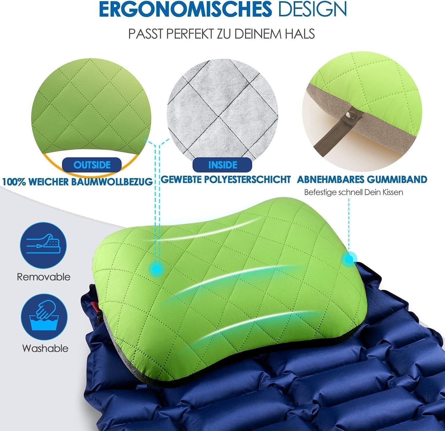HIKENTURE Nadmuchiwana poduszka kempingowa / podróżna ze zdejmowanym pokrowcem na poduszkę, ergonomiczna poduszka, wygodna poduszka na szyję do podróży / na zewnątrz, nadmuchiwana podróżna poduszka na szyję (zielona) ... Poduszki ortopedyczne szyjki macicy Naty Shop