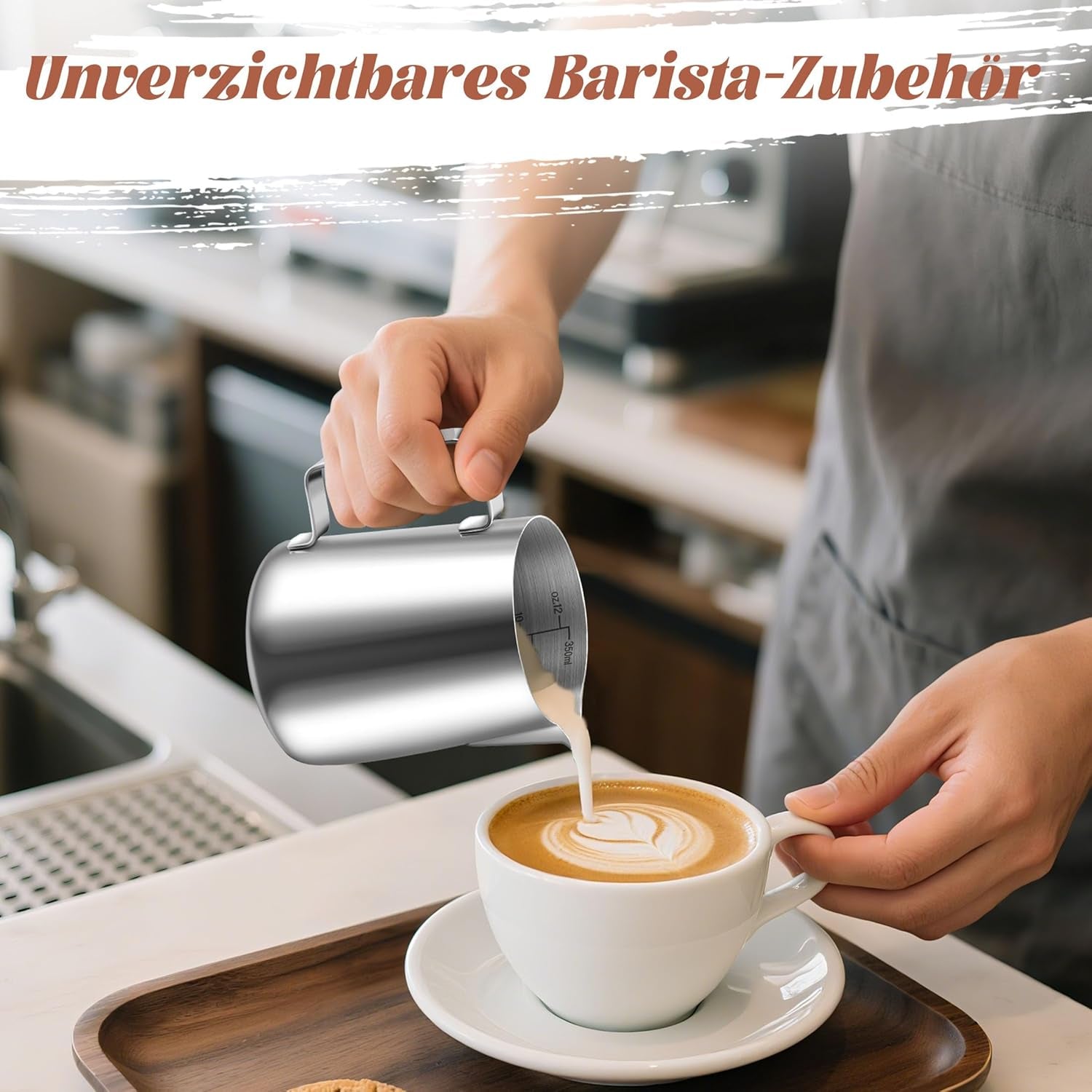Kubek na mleko, kubek na mleko ze stali nierdzewnej 350 ml ze znacznikiem miarki, akcesoria baristy, kubek na mleko do cappuccino, espresso, latte art, miłośnicy kawy, srebro, 355 ml