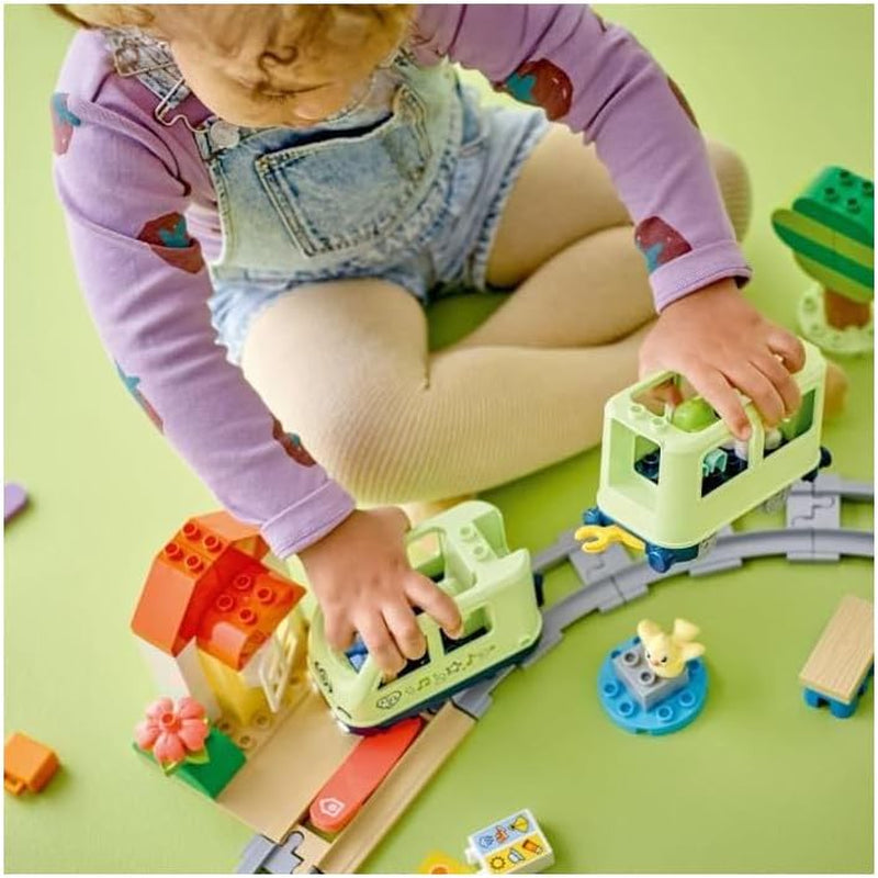 Interaktywny pociąg przygód LEGO DUPLO, zestaw ze światłami i dźwiękami do odgrywania ról, pozwala dwulatkom budować tory, edukacyjna zabawka dla przedszkolaków 10427 Zestawy do budowania Besuche den LEGO-Store