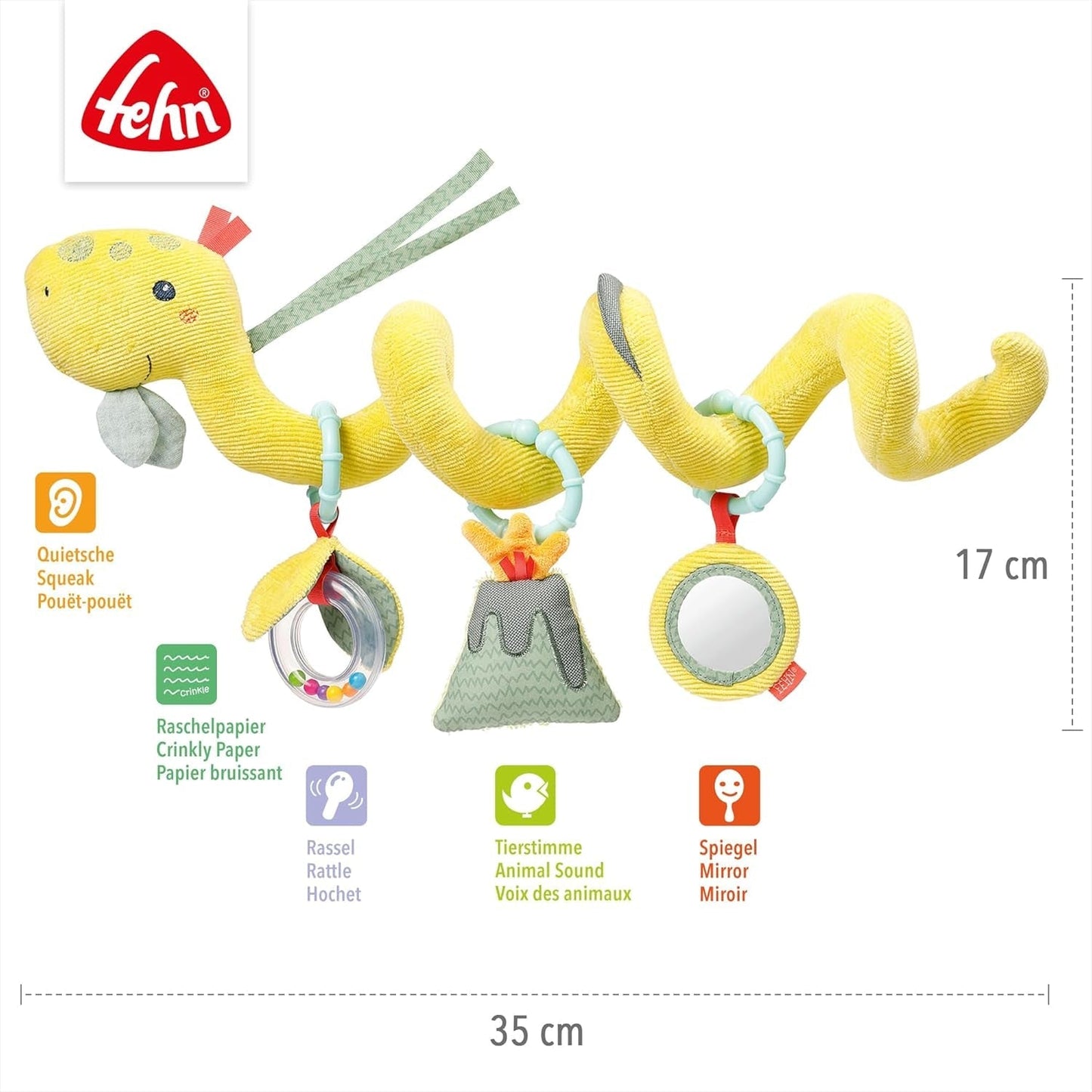 Fehn Activity Spiral Dino - zabawka do wózka pchaj i ciągnij - mały dinozaur do łóżeczka, placu zabaw, wózka i fotelika samochodowego - zabawka aktywizująca ruchowo dla niemowląt i małych dzieci od 0. miesiąca Baby Toys Naty Shop