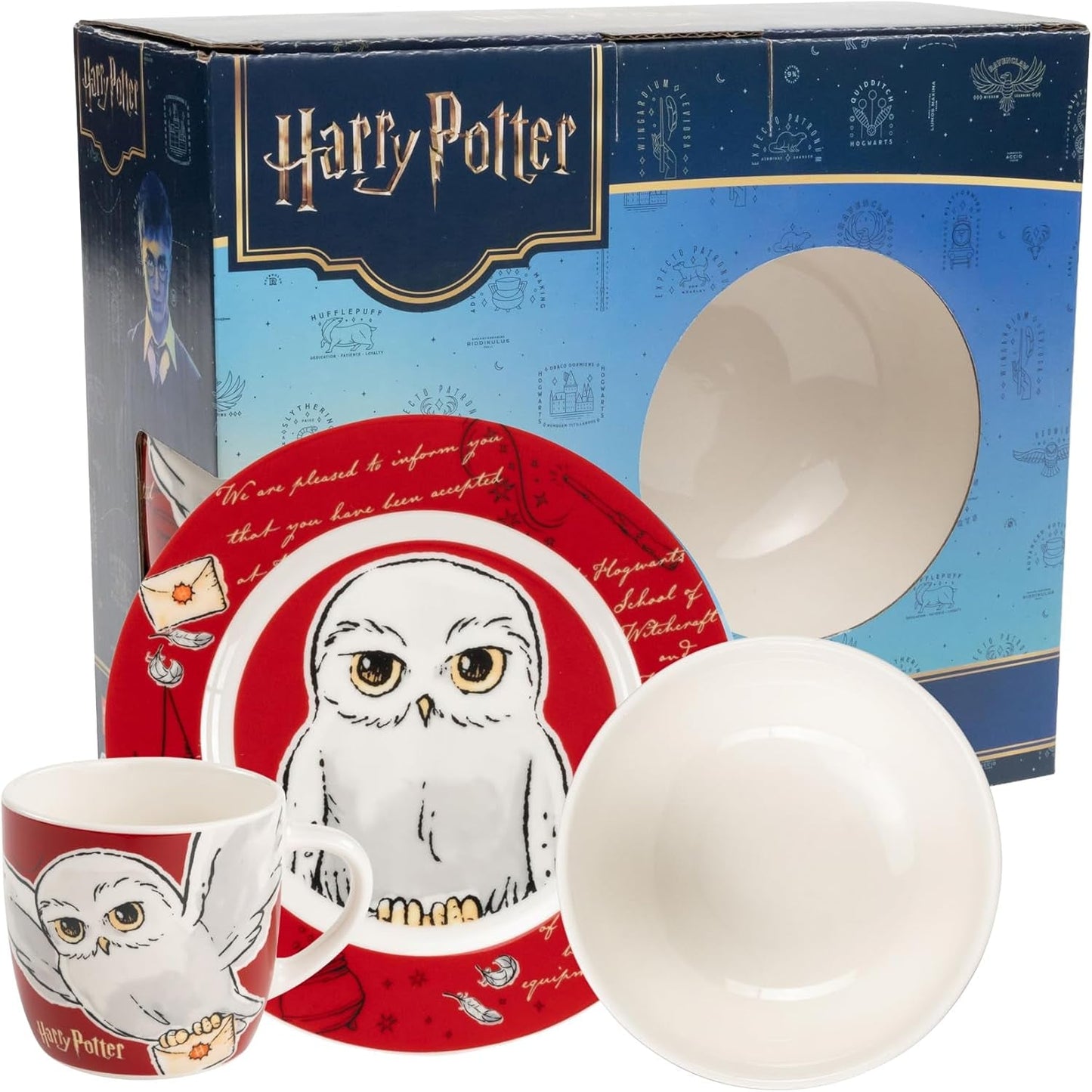 3-częściowy zestaw zastawy stołowej Harry Potter w kolorze czerwonym, porcelanowy zestaw śniadaniowy z talerzem Ø 19 cm, kubkiem 220 ml i miską 330 ml, kompletem zastawy stołowej
