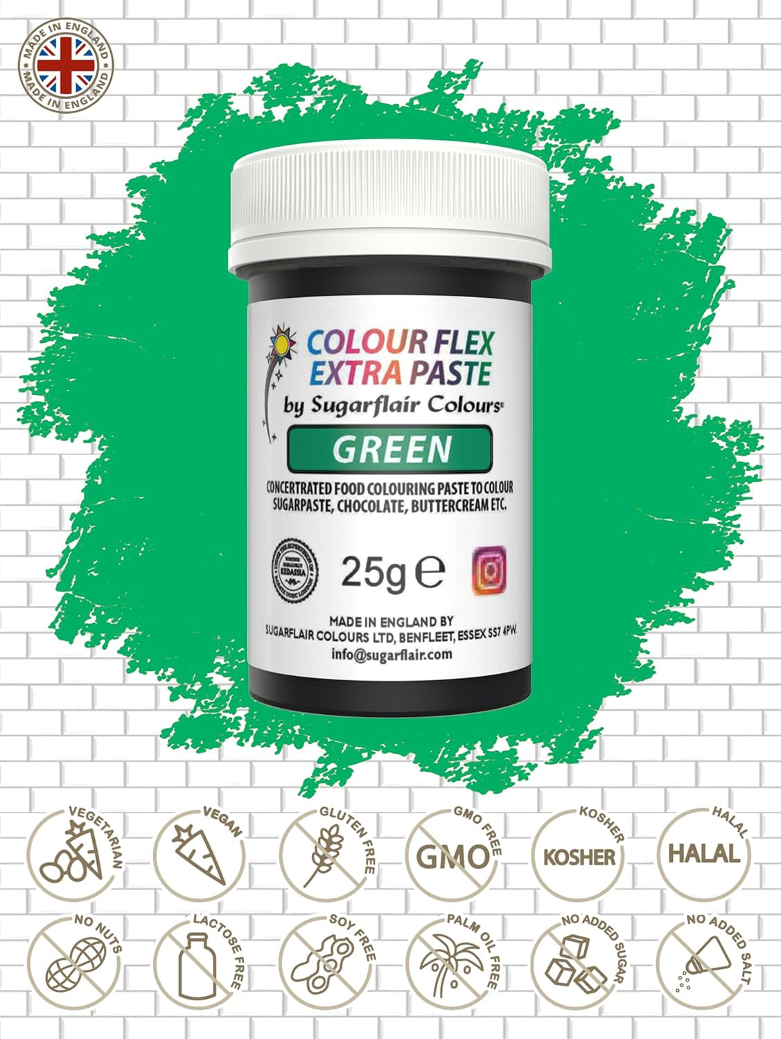 Sugarflair Colourflex Extra Paste Verde barwnik spożywczy - Jadalny barwnik spożywczy do śmietany, czekolady, pasty cukrowej, lukru, kremówki, mieszanek do ciast, ciast i nie tylko - 25g