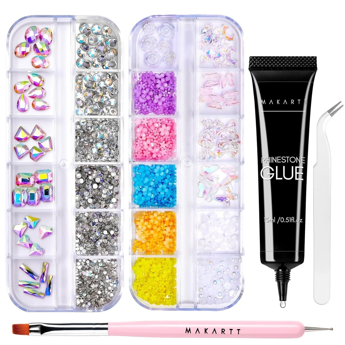 Makartt Żel samoprzylepny Rhinestone - 15 ml Zestaw klejów do paznokci UV z różowymi zawieszkami do paznokci Serce Koło Biżuteria do paznokci i akcesoria do projektowania paznokci do domowego manicure Prezent na Walentynki