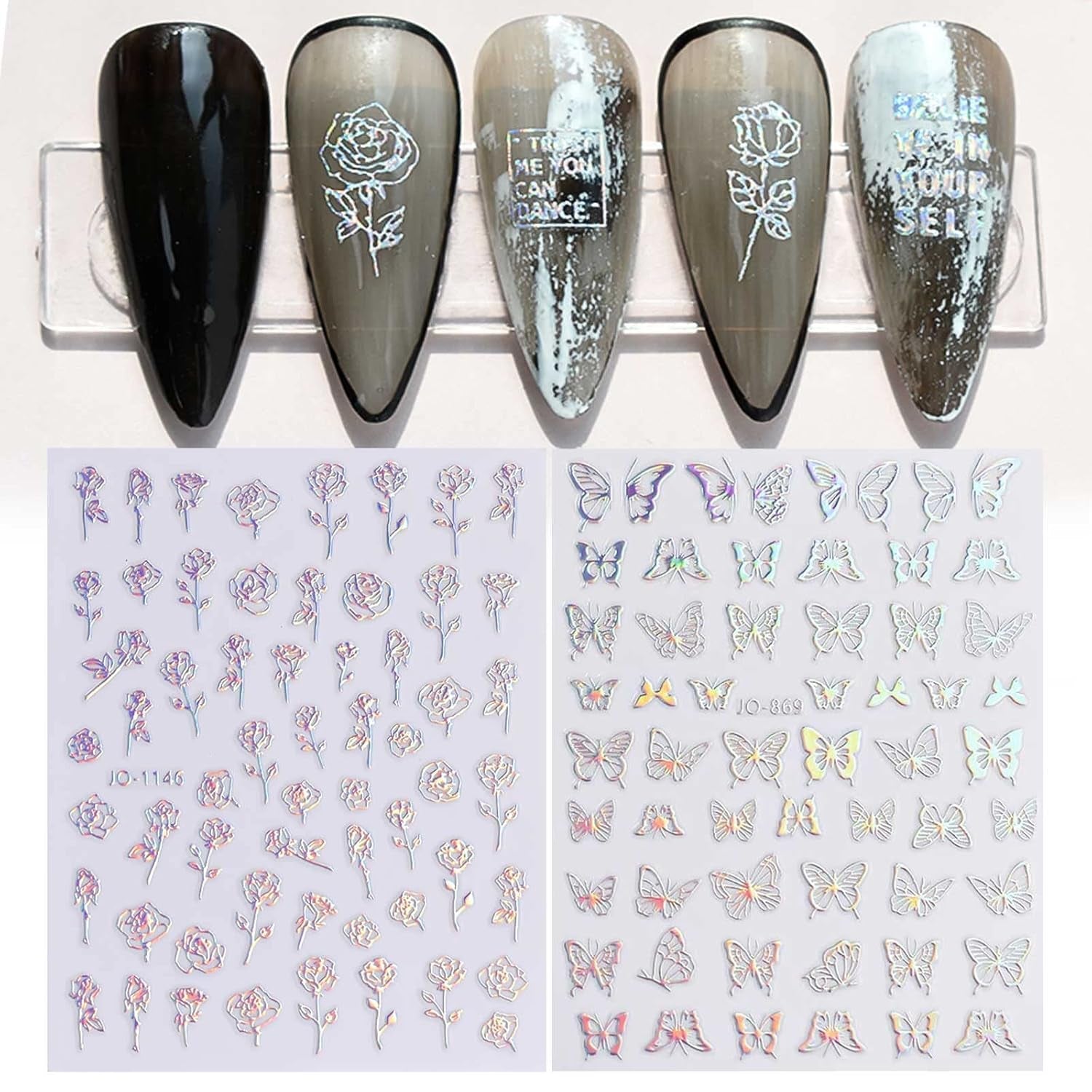 JMEOWIO Nagelsticker Aurora Holografisch 9 Blatt Nagelaufkleber Selbstklebend Herz-Flamme Spielt Schmetterlings-Mond Die Hauptrolle Nail Art Naklejka Dekoracja Nageldesign Zubehör