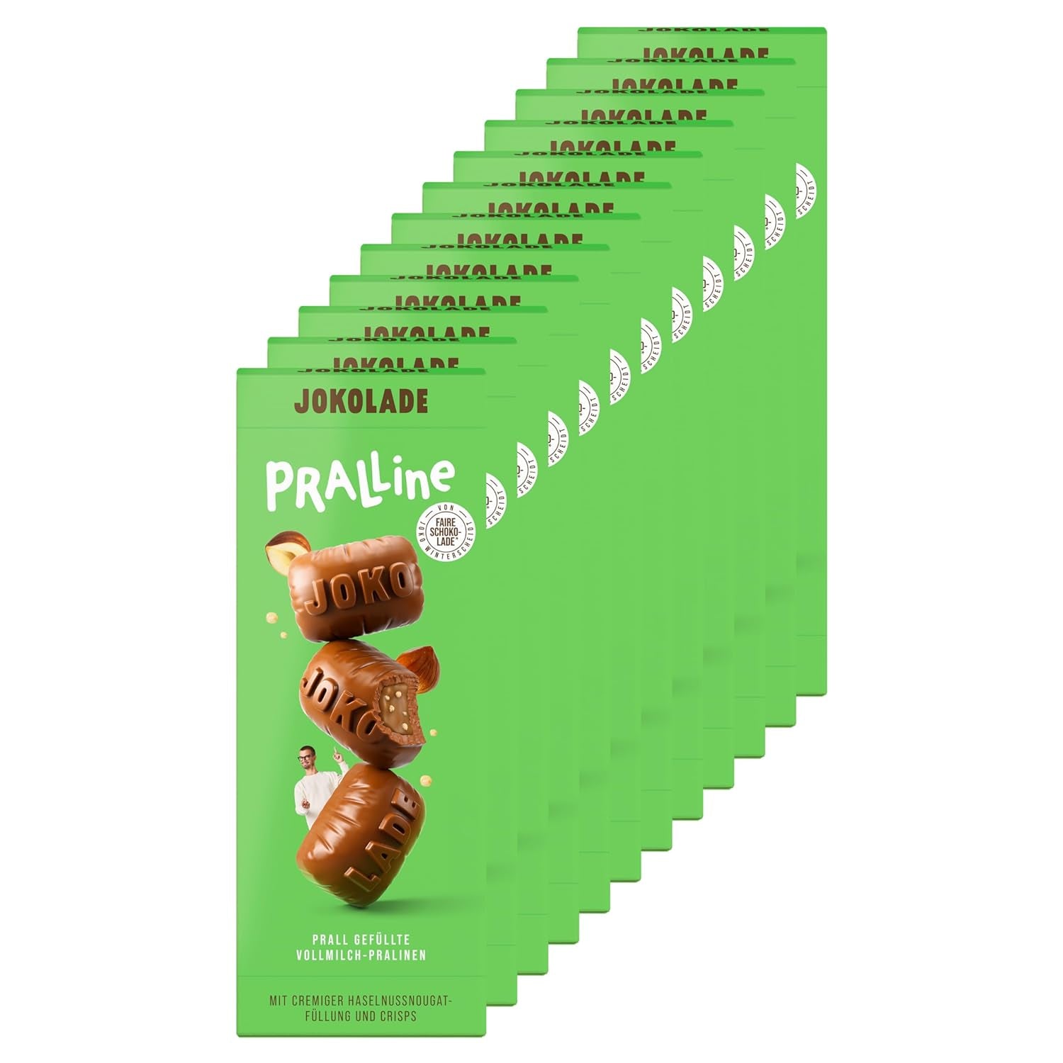 JOKOLADE PRALLINE Value Pack 12 x 80g | Obfite nadzienie z kremem nugatowym z orzechów laskowych i frytkami | Jasna czekolada od Joko Winterscheidt