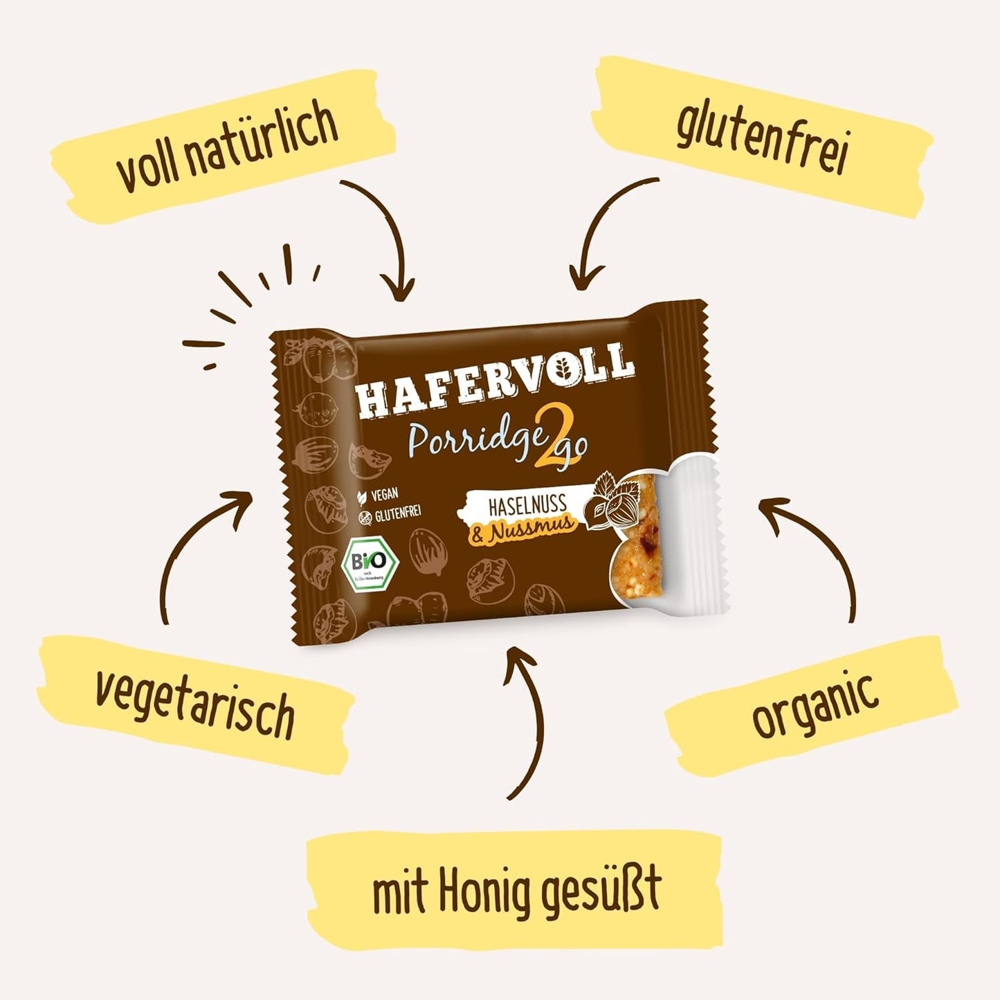 Hafervoll Porridge2go Masło orzechowe i orzechy, 13 batonów x 55 g - wegańska, organiczna, bezglutenowa, bez dodatku cukru przekąska, z owsem, daktylami i cukierkami Quinoa
