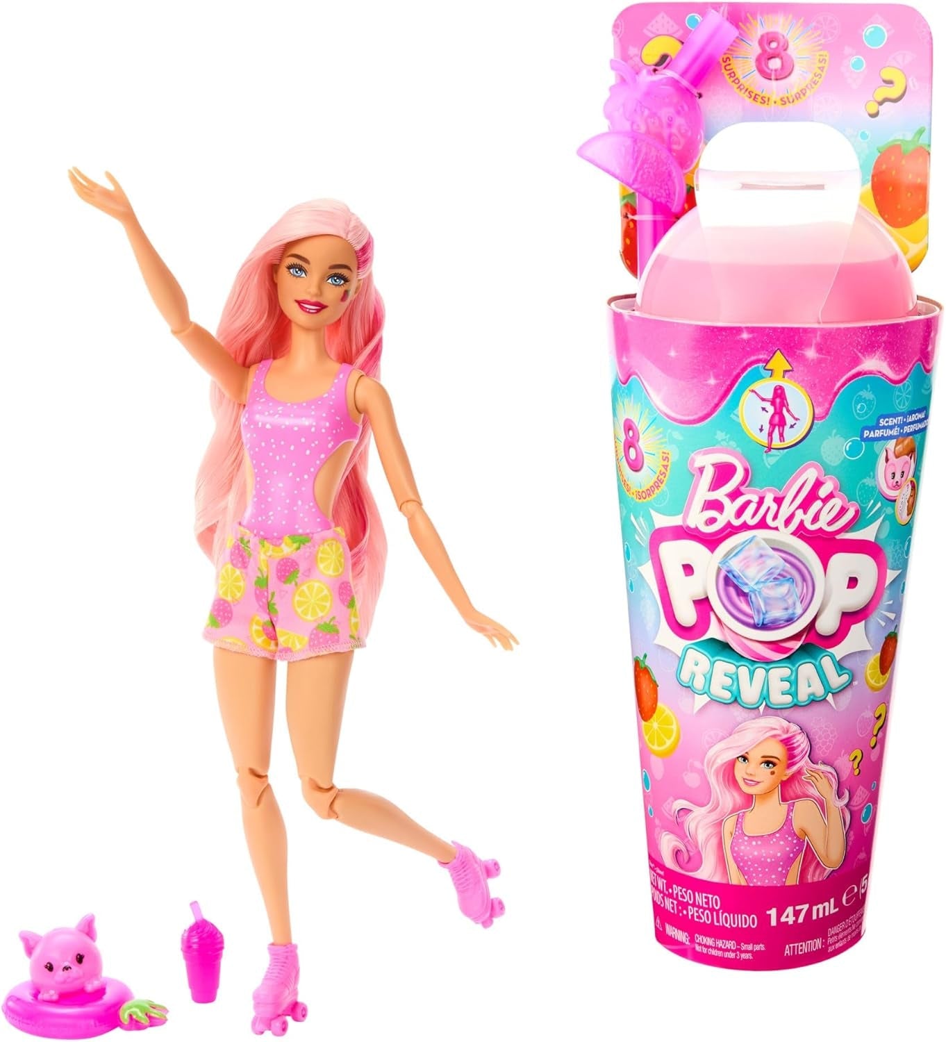 Barbie Pop Reveal Fruit — lalki-niespodzianki z 8 owocowymi niespodziankami, w tym lalką z zapachem truskawkowej lemoniady i puszystym szczeniakiem, od 3 lat, HNW41
