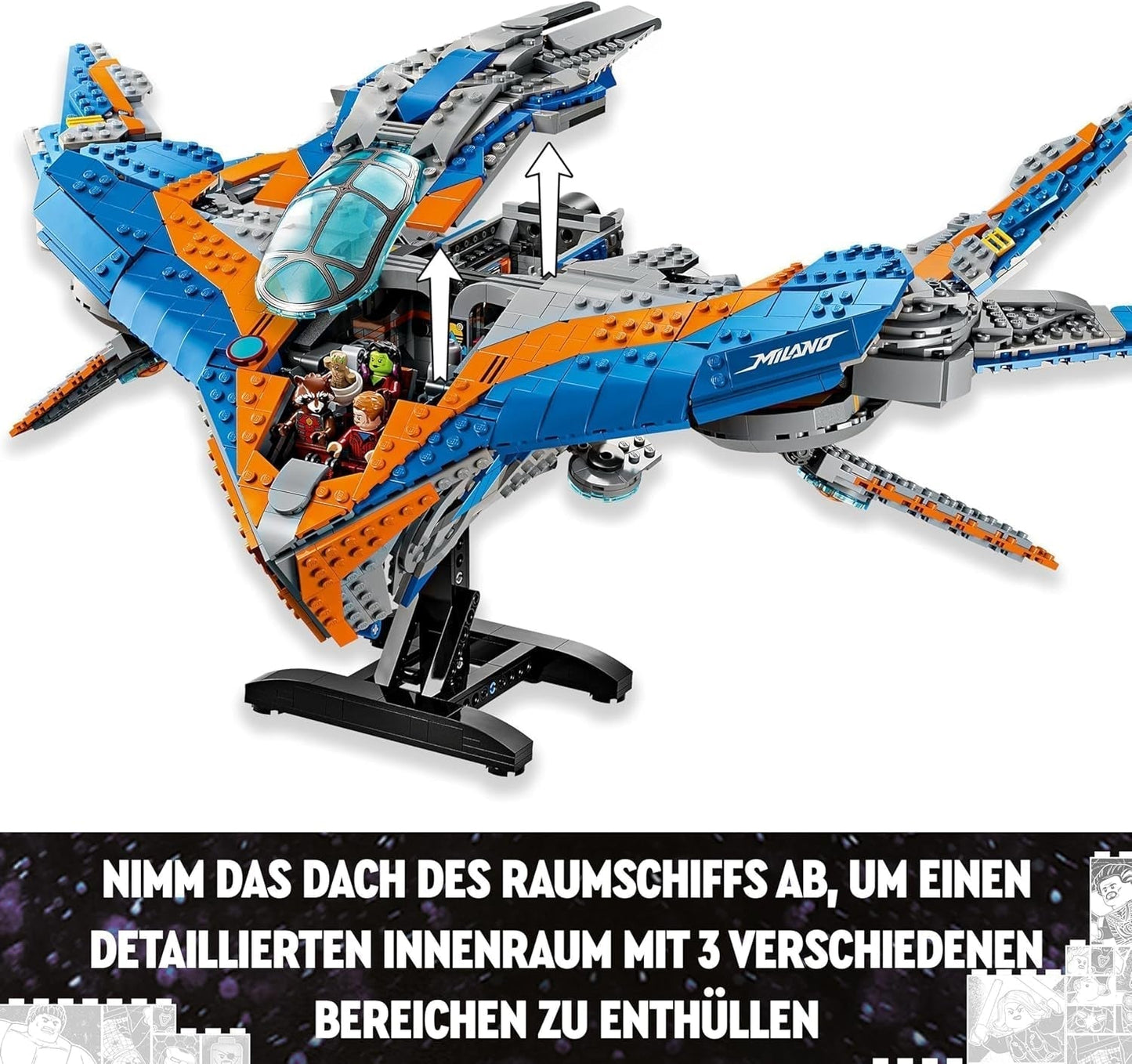LEGO Marvel Strażnicy Galaktyki: Budowa statku kosmicznego w Mediolanie Model statku kosmicznego z 4 minifigurkami superbohaterów Ulotka Avengers na kosmiczne przygody Prezent dla chłopców i dziewcząt 76286 Zestawy do budowania Zobacz sklep LEGO