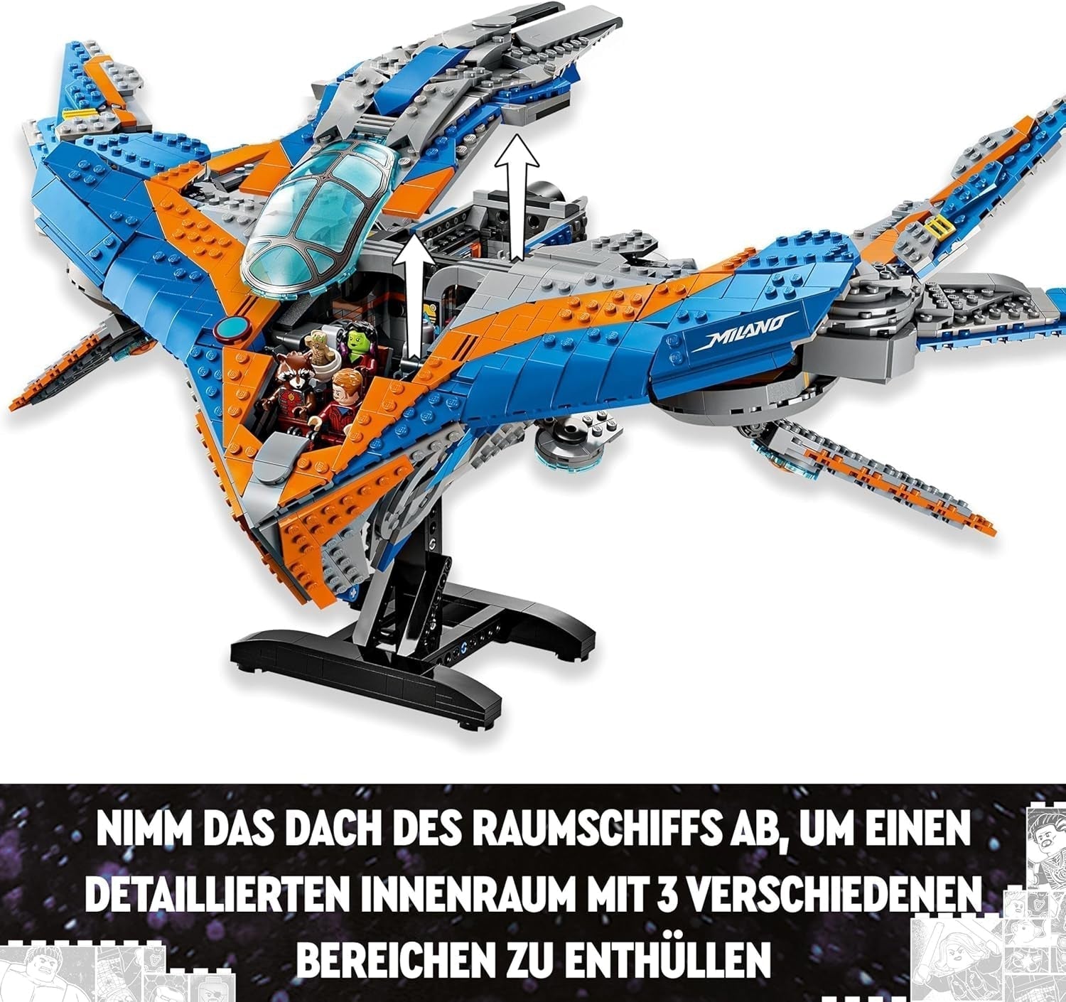 LEGO Marvel Strażnicy Galaktyki: Budowa statku kosmicznego w Mediolanie Model statku kosmicznego z 4 minifigurkami superbohaterów Ulotka Avengers na kosmiczne przygody Prezent dla chłopców i dziewcząt 76286 Zestawy do budowania Zobacz sklep LEGO
