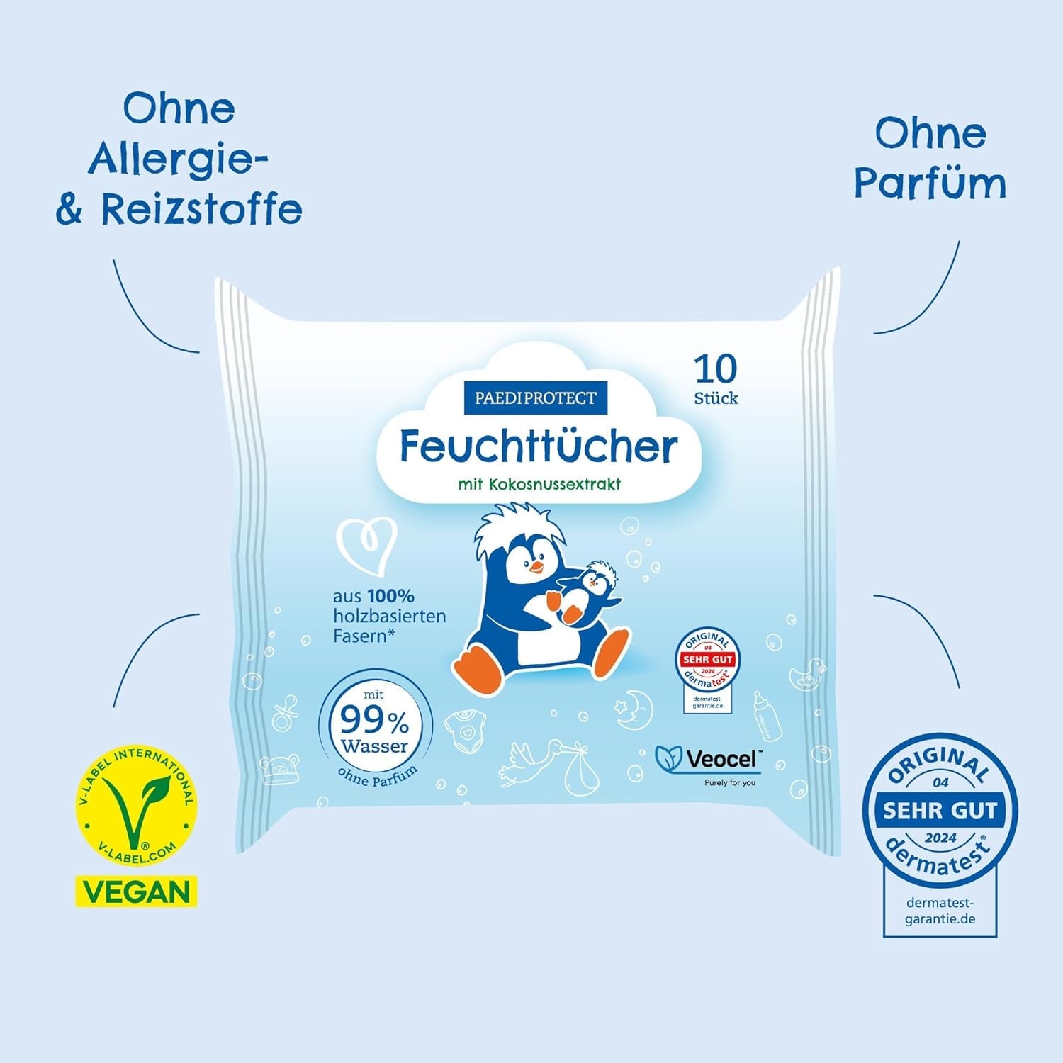 PAEDIPROTECT Chusteczki nawilżane dla dzieci 1 x 10 szt. Chusteczki nawilżane dla dzieci Sensitive Chusteczki nawilżane na bazie wody 99% wody Bezzapachowe Dla dzieci i dzieci Delikatna skóra Ekstrakt z kokosa Bez mikroplastików Wegańskie (5 szt.)