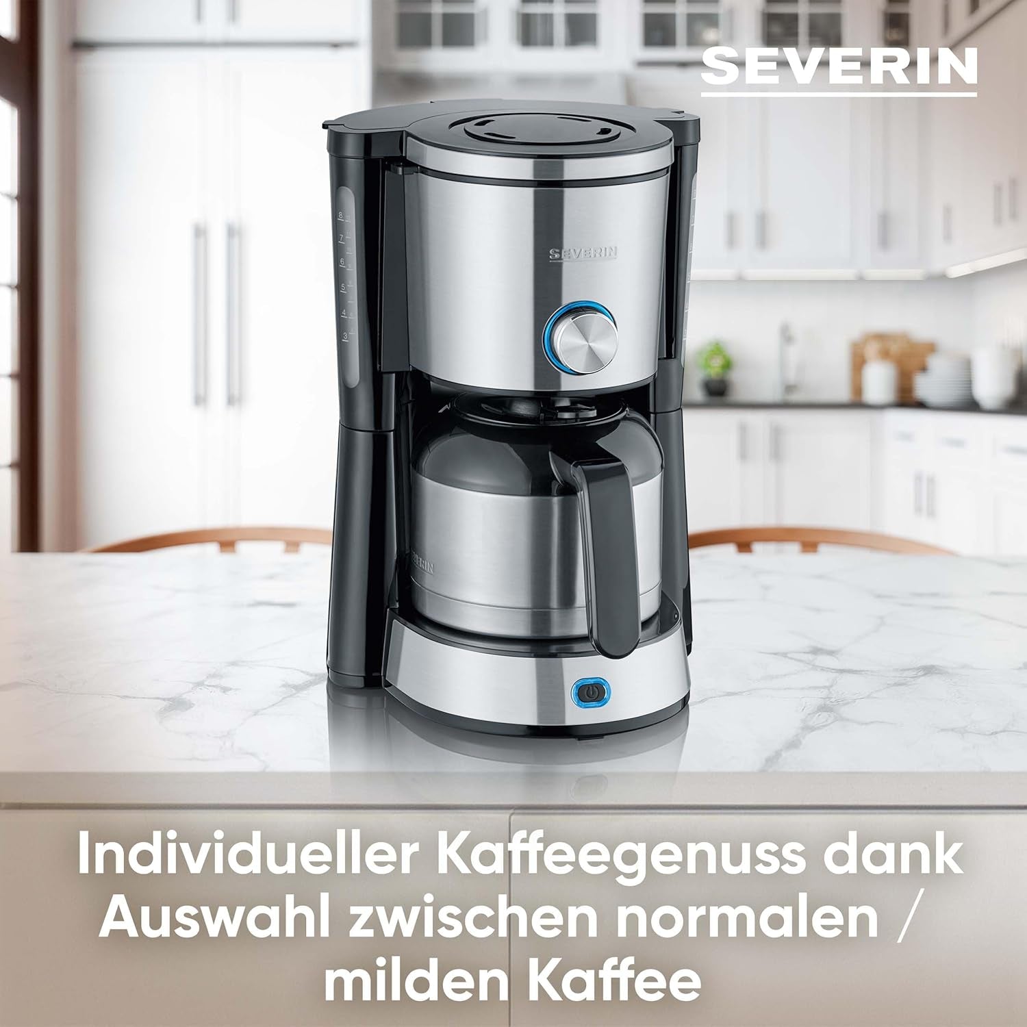 Ekspres SEVERIN „TypeSwitch” z karafką termiczną, AromaSwitch do wyboru pomiędzy 2 profilami parzenia, ekspres do kawy na 10 filiżanek, 1000W, stal nierdzewna szczotkowana-czarna, KA 4845