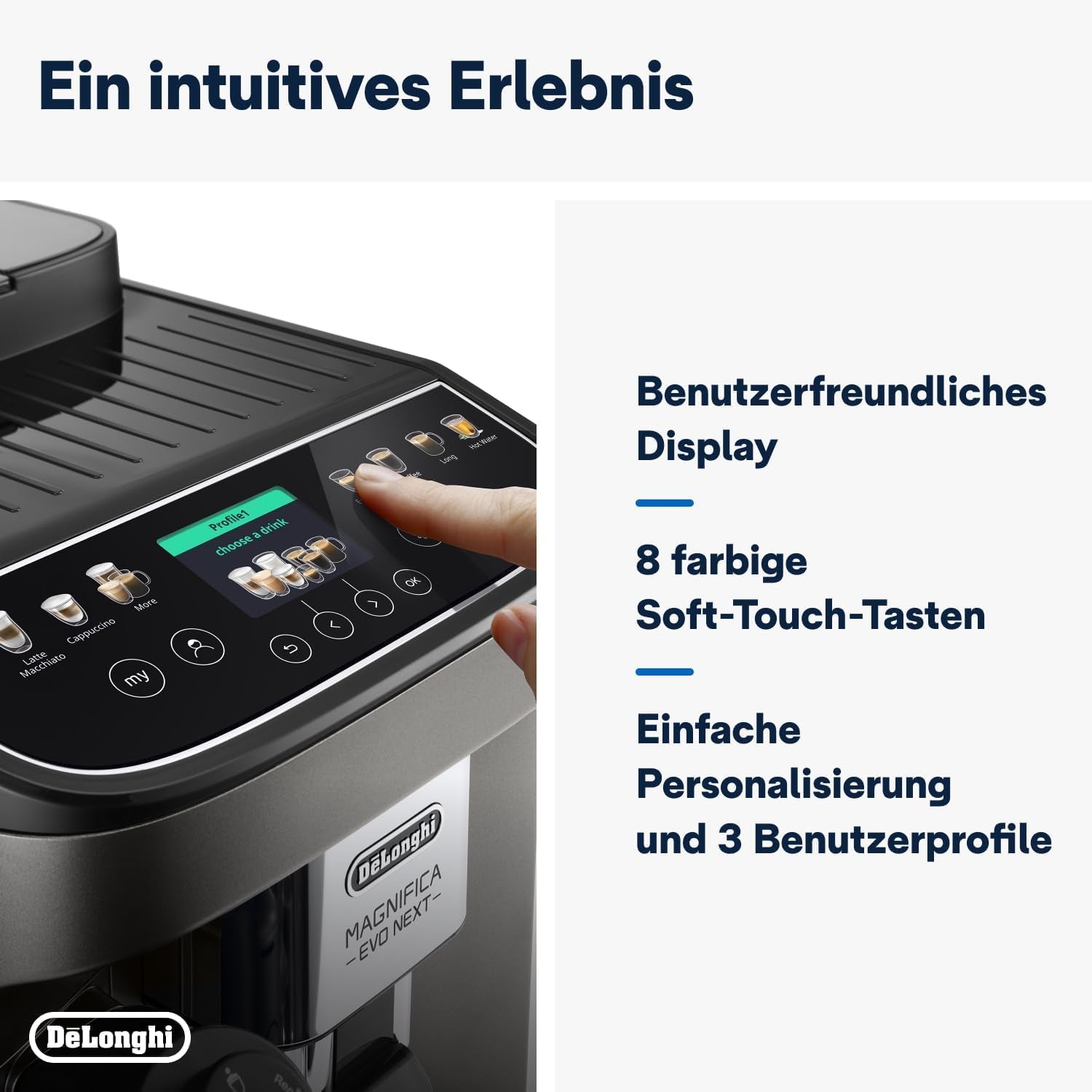 De'Longhi Magnifica Evo Next - W pełni automatyczny ekspres Perfetto ze spieniaczem do mleka LatteCrema, 13 napojów za jednym dotknięciem, ekspres do kawy i cappuccino, kolorowy ekran dotykowy, tytan (ECAM312.80.TB)