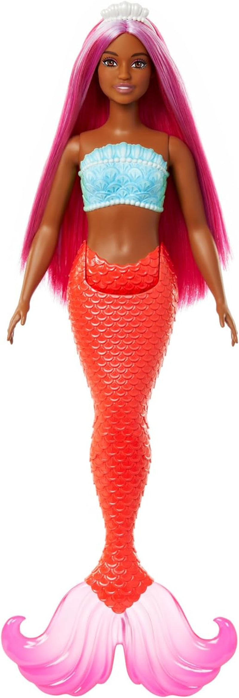 Lalka Barbie Syrenka z fantazyjnymi różowymi i liliowymi włosami i opaską na głowę, muszlowy top i lawendowo-niebieska lalka z płetwą ogonową, HRR06 Naty Shop Lalki Ogon syreny w tropikalnej czerwieni