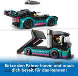 LEGO City Transporter samochodów z samochodem wyścigowym, zabawkową ciężarówką z regulowaną rampą załadunkową i samochodem wyścigowym, zestaw do budowania zawierający 2 minifigurki, kierowcę wyścigowego i kierowcę ciężarówki, dla dzieci od 6 lat 60406 Zestawy do budowania Besuche den LEGO-Store