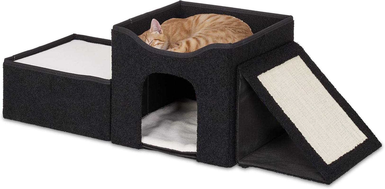 Relaxdays Katzenhöhle, składany, 3 Liegeplätze, Katzenhaus mit Kratzfläche, HBT: 36,5x112x41 cm, Katzenversteck, schwarz