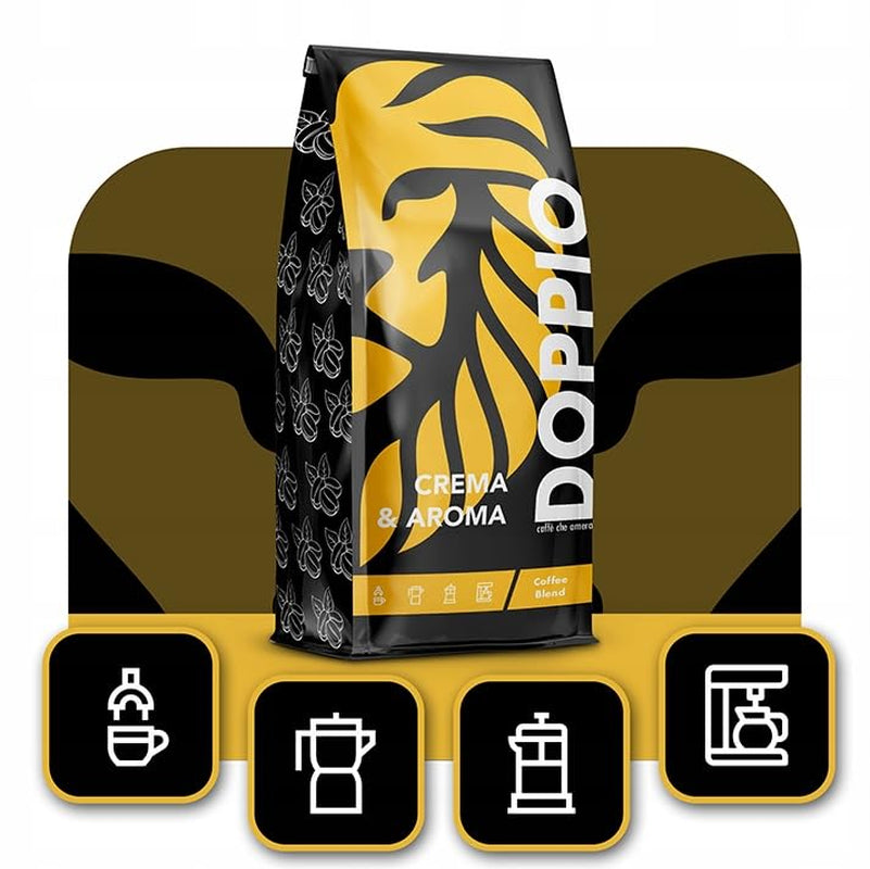 Doppio Krem i Smak 1KG | Kawa ziarnista 80% Arabica i 20% Robusta | z nutami kakao, orzechów i karmelu | Świeże i średnio palone, o niskiej kwasowości | do espresso | Kawa Blue Orca
