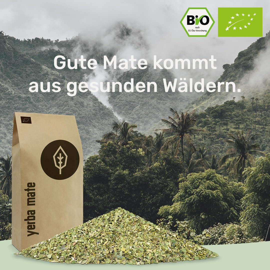 BIO Herbata Yerba Mate 1 kg ● Oryginalna ● Dojrzała ● Niepalona ● Suszona na powietrzu ● Bezdymna ● Bez plastiku ● Sprawiedliwy Handel ● Herbaty Mate z liści mate, kawałków mate i sproszkowanych liści mate ● DE-ÖKO-006