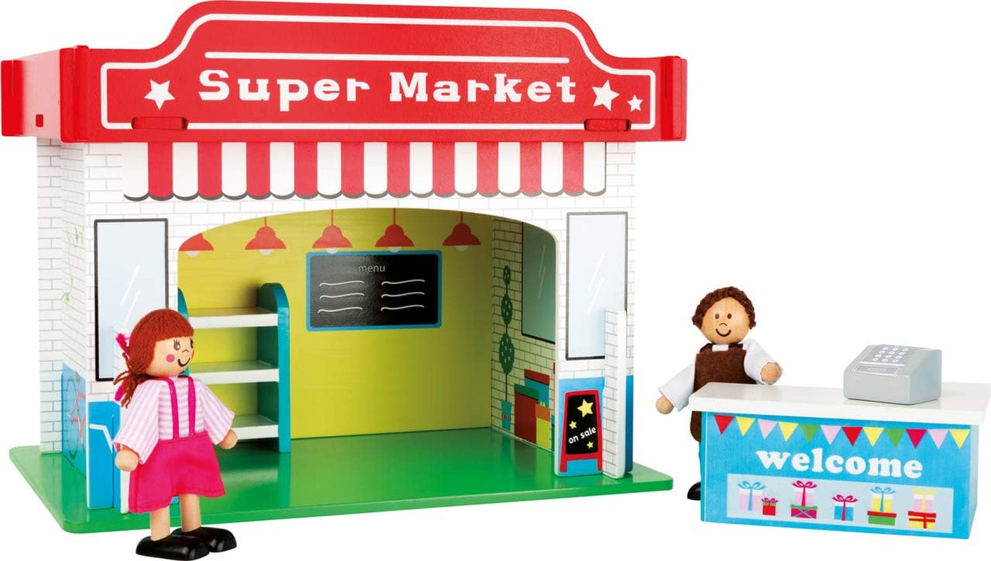Small Foot 10852 Playhouse Restaurant Wykonane z drewna, z 2 figurkami lalek, akcesoriami i zdejmowanym dachem, od 3 lat Domki dla lalek Naty Shop Supermarket