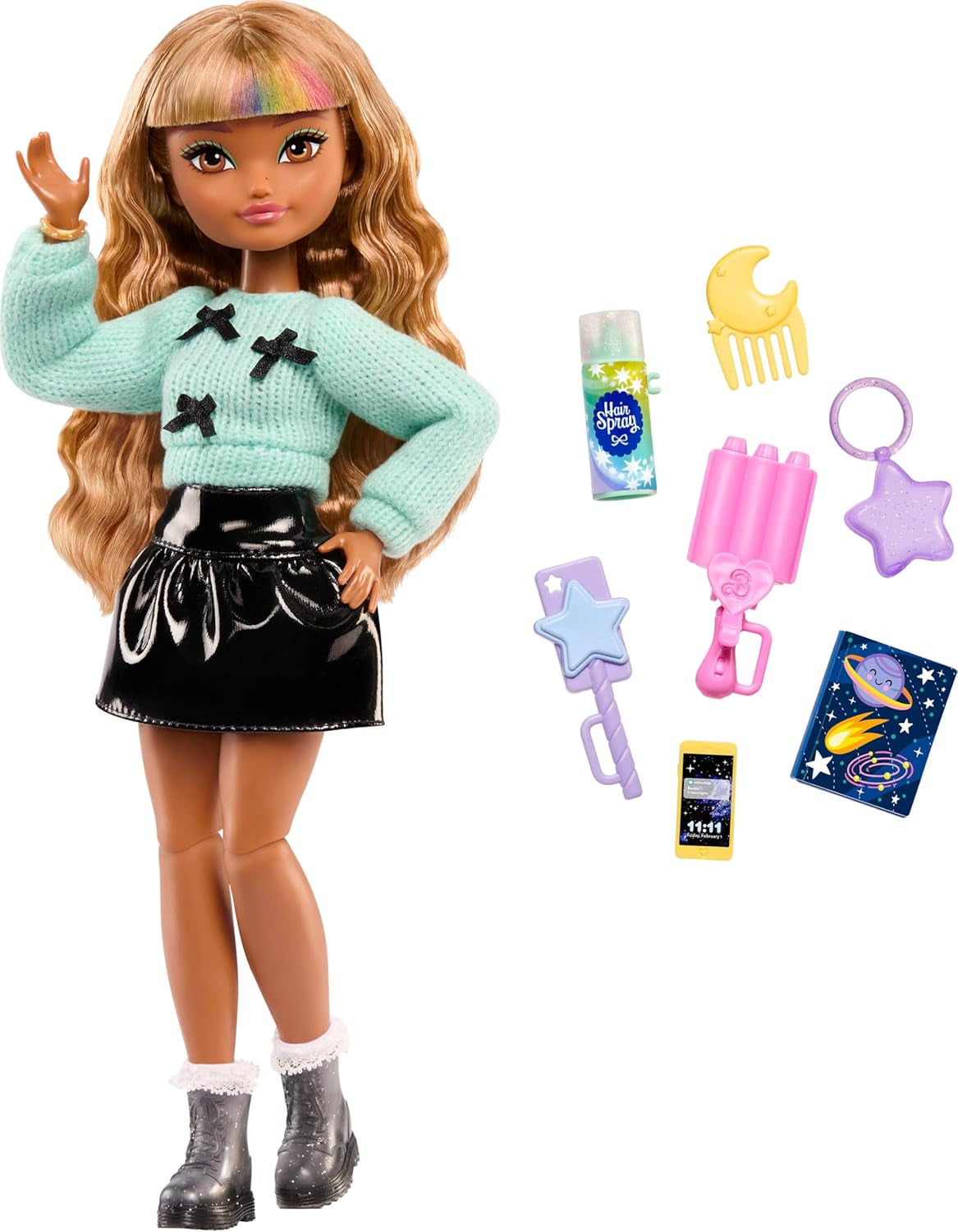 Lalka Barbie Dream Besties i akcesoria, lalka Zia Fashion z odpinanymi ozdobami i falowanymi brązowymi włosami, 7-częściowa fryzura i księżyc, JGG36