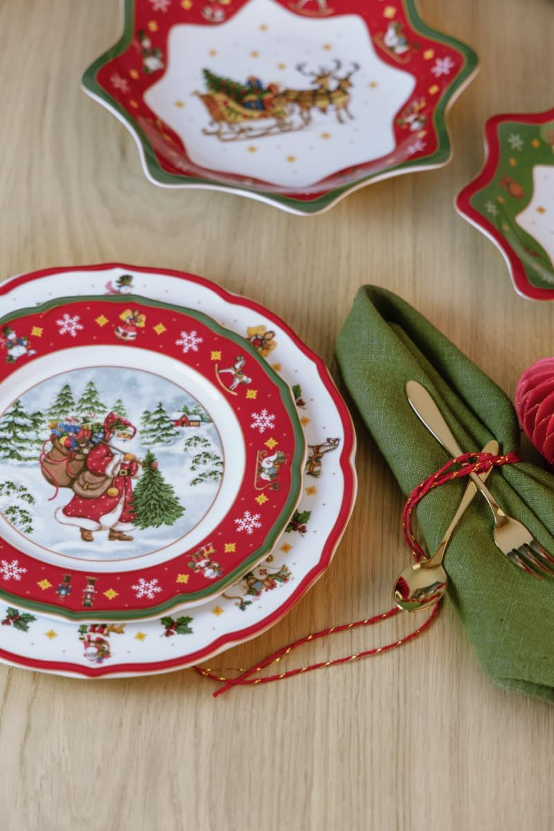 Hutschenreuther Happy Wintertime Czerwony Świąteczny zestaw zastawy stołowej dla 6 osób, porcelana, wielokolorowy, 6 talerzy śniadaniowych, 6 talerzy obiadowych i 6 talerzy obiadowych, można myć w zmywarce i używać w kuchence mikrofalowej