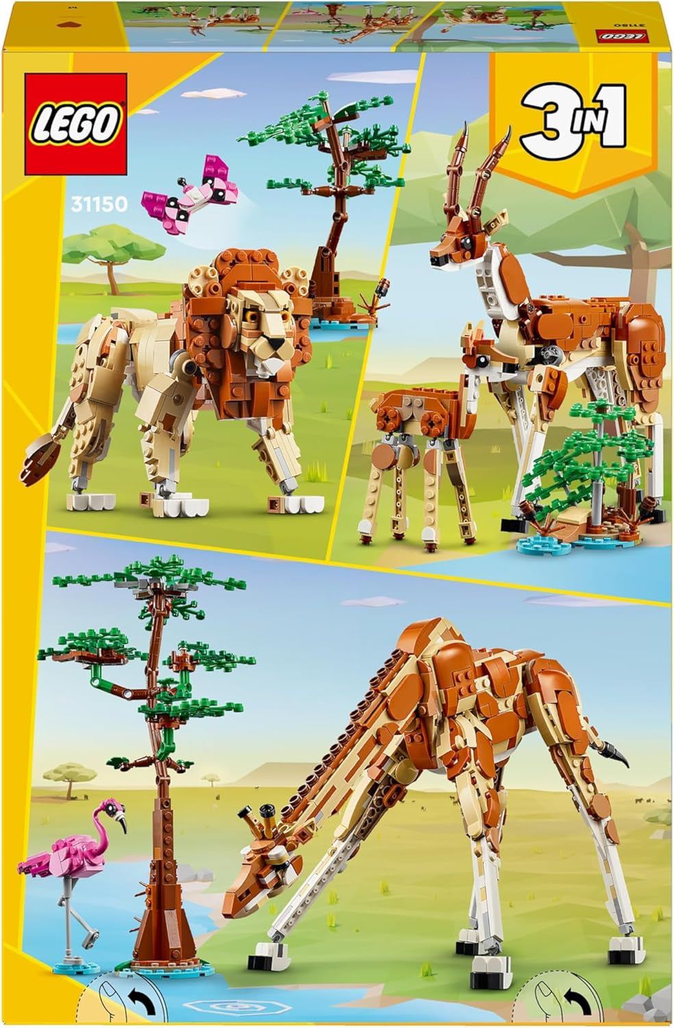 LEGO Creator 3w1 Animal Safari, kreatywny zestaw z figurkami zwierząt, 3 opcje budowania: zabawkowa żyrafa, gazela i lew, zabawkowe zwierzęta dla dziewcząt i chłopców, naturalny prezent dla dzieci w wieku od 9 lat 31150 Zestawy do budowania Beuche den LEGO-Store