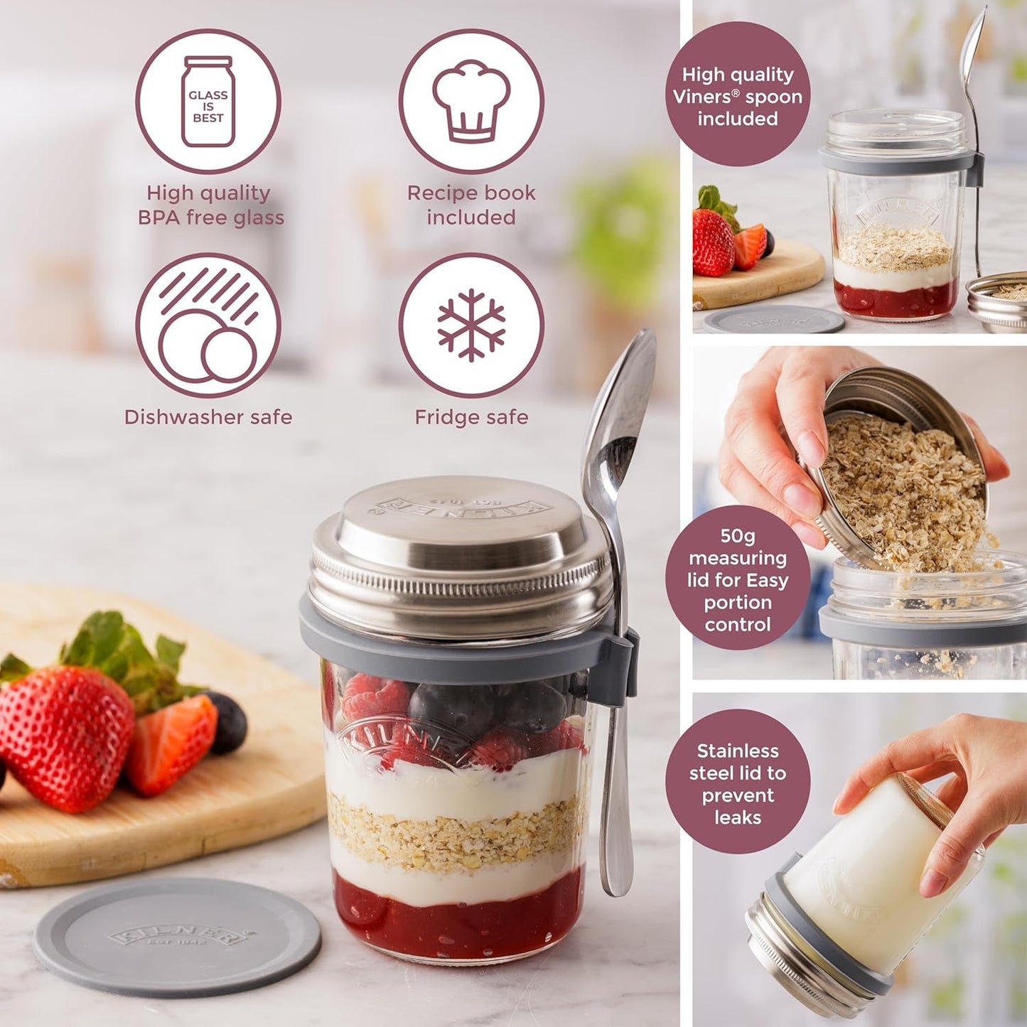 Kilner słoik śniadaniowy z łyżeczką / 350 ml, Ø 9,5 cm / 5 sztuk | Kubek do musli na wynos / nietoksyczny / szklany pojemnik z pokrywką na musli, owsiankę i jogurt / pojemnik na płatki owsiane Naty Shop Pudełka do przechowywania żywności