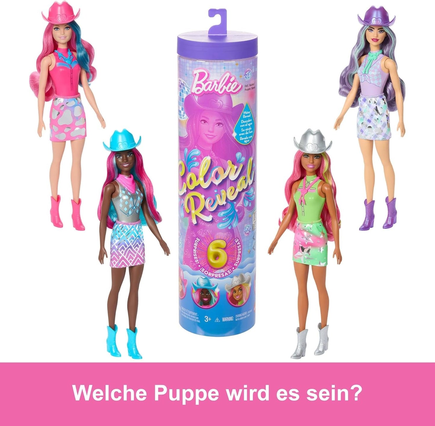 Lalka Barbie Color Reveal i akcesoria z 6 niespodziankami, seria Disco Star z metalicznym brokatem i topem zmieniającym kolor (style mogą się różnić), JCP01, 32 cm