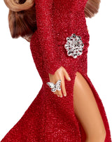 Barbie Mariah Carey - lalka kolekcjonerska z błyszczącą czerwoną sukienką, falbankami, rozcięciem, uroczymi lokami, srebrnymi dodatkami, czerwonymi szpilkami, tradycją bożonarodzeniową, dekoracją, HJX17