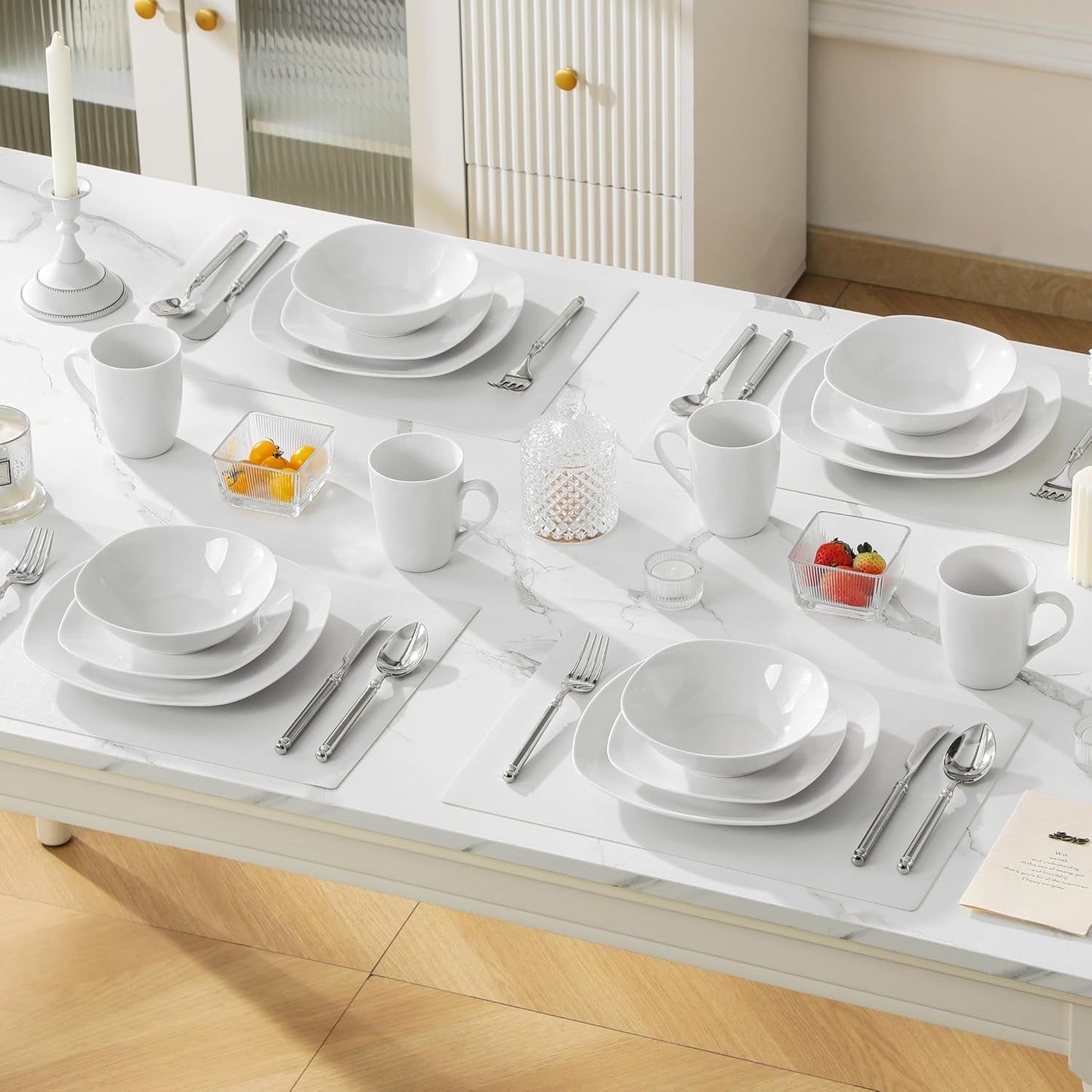 Zestaw naczyń obiadowych MALACASA na 4 osoby, 16-częściowa zastawa stołowa z białej porcelany, nowoczesny zestaw naczyń obiadowych z 4 talerzami obiadowymi, talerze deserowe, talerze i filiżanki Suma, seria ELISA