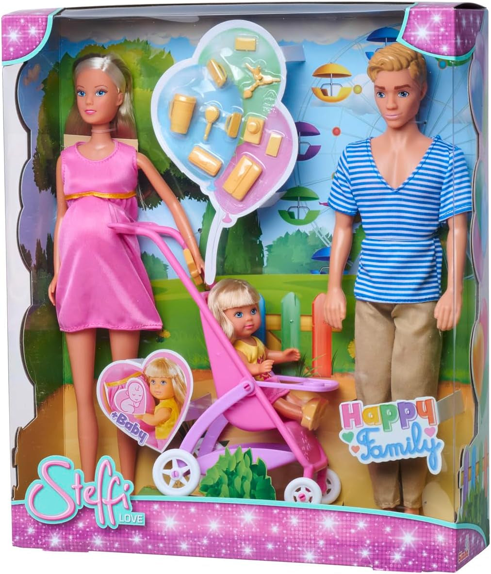Simba 105733673 - Steffi Love Happy Family, lalka w ciąży, Kevin, Evi i dziecko z wózkiem, 11 sztuk, akcesoria, 30 cm, wiek 3+