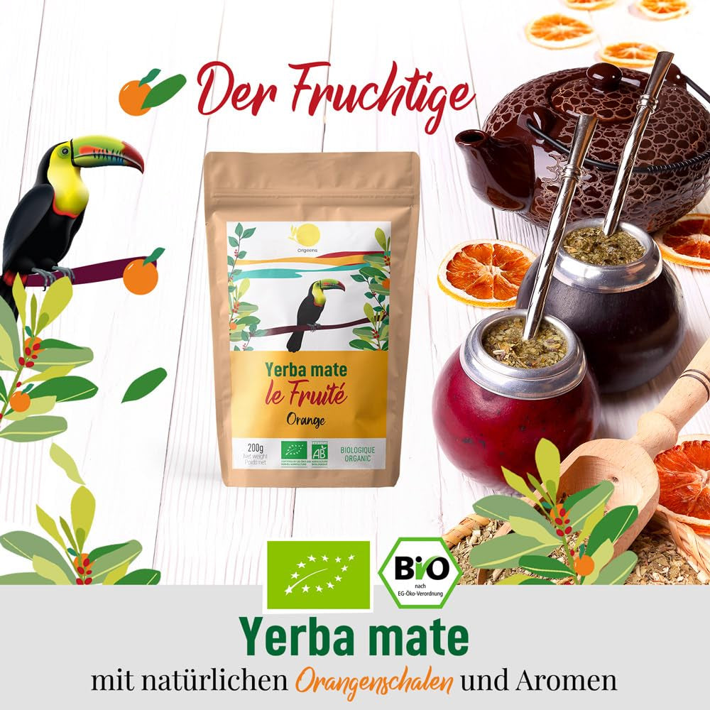 ORIGEENS BIO YERBA MATE z pomarańczami 200 G - Herbata owocowa I Organiczna niepalona Yerba Mate herbata bez szypułek i pyłu I Napój energetyzujący i detoksykujący