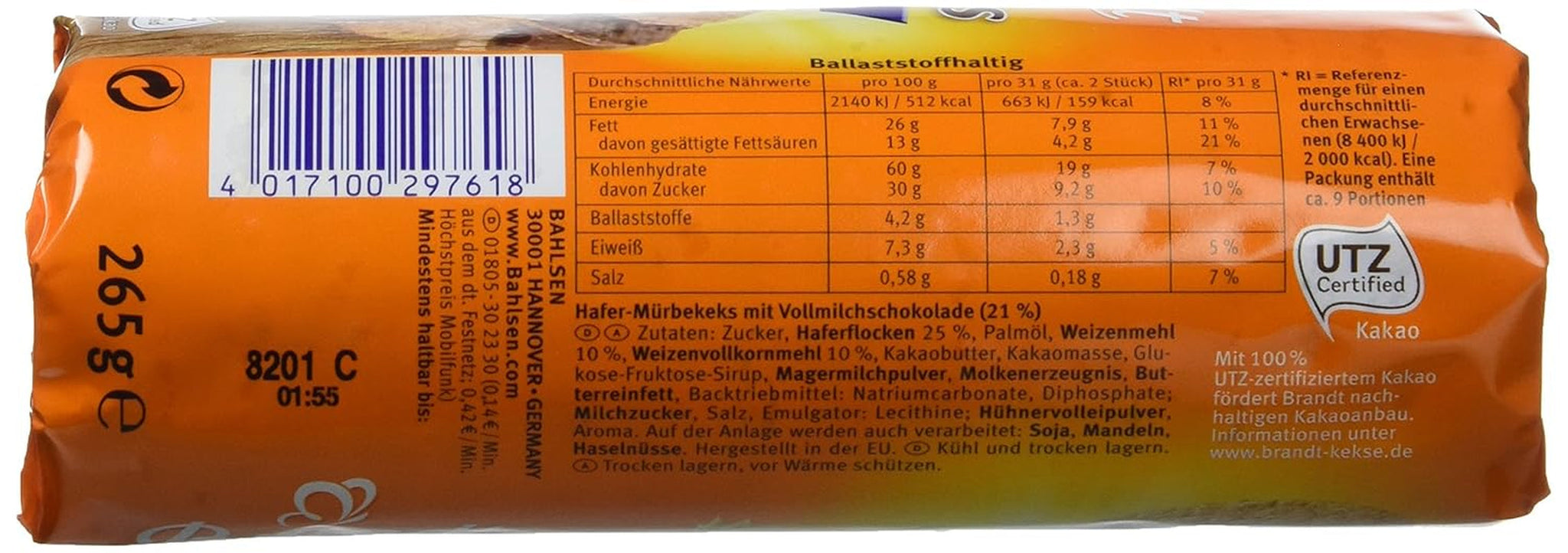 Brandt Hobbits Chocolate - opakowanie 18 sztuk - pudełko do przechowywania - pełnoziarniste płatki owsiane o wysokiej zawartości błonnika, półdrobne czekoladowe ciastka (18 x 265 g)