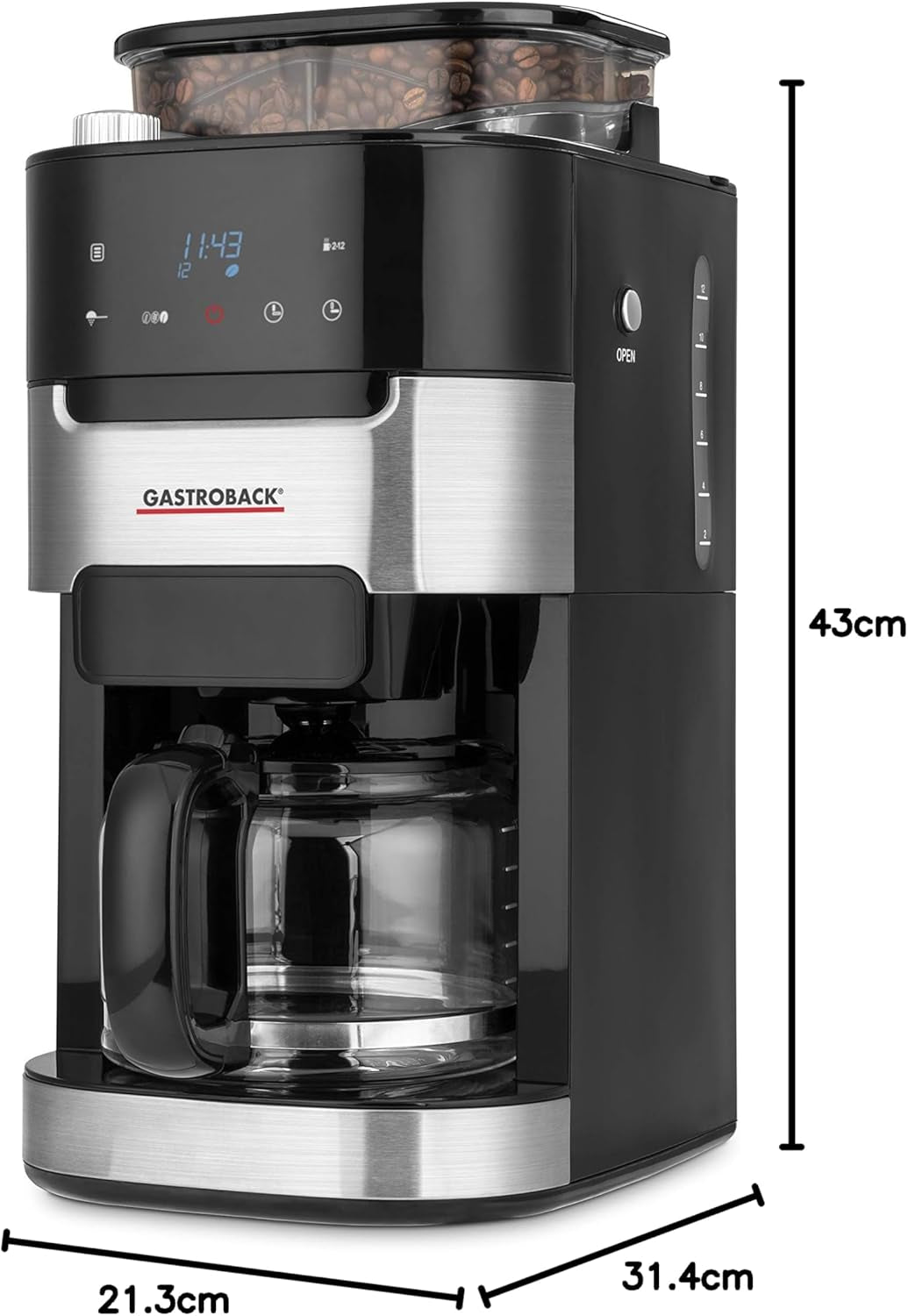 GASTROBACK 42711 Grind & Brew Pro ekspres do kawy, ekspres do kawy ze zintegrowanym filtrem i młynkiem, młynek stożkowy z 8 ustawieniami mielenia, ekran dotykowy LCD, plastik