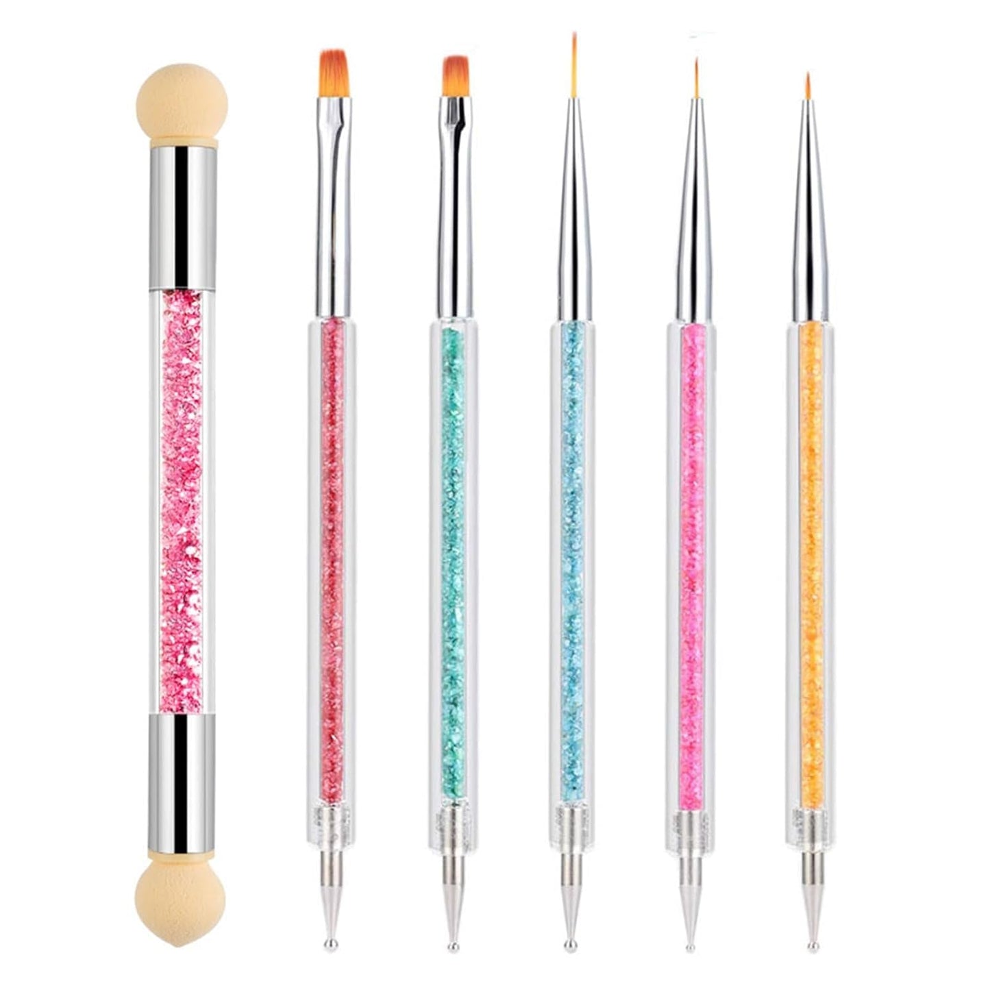 Zestaw 6 Stück Nagel Pinsel, Doppel-Ende Nageldesign Pinsel, Akryl Nail Art Zestaw Pinsel Nail Art Liner Pinsel Narzędzie do kropkowania dla DIY Nail Art Design (Mit 1 Schwammbürste)