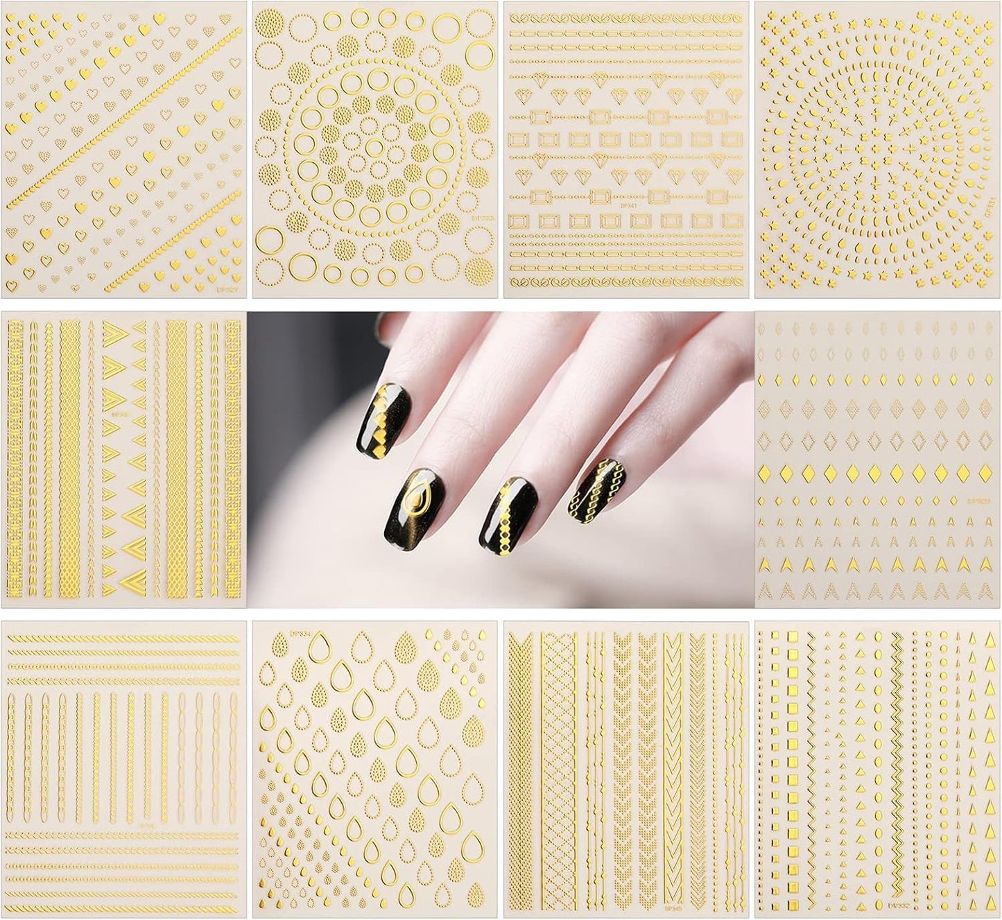 MWOOT 10 arkuszy Złota Nagelsticker Abziehbilder Nail Art Naklejka, Zestaw samoprzylepnych naklejek do paznokci 3D Linien Streifenband Design, Diy Metallisch Nailart Aufkleber Maniküre Zubehör Für Nagel Dekoration