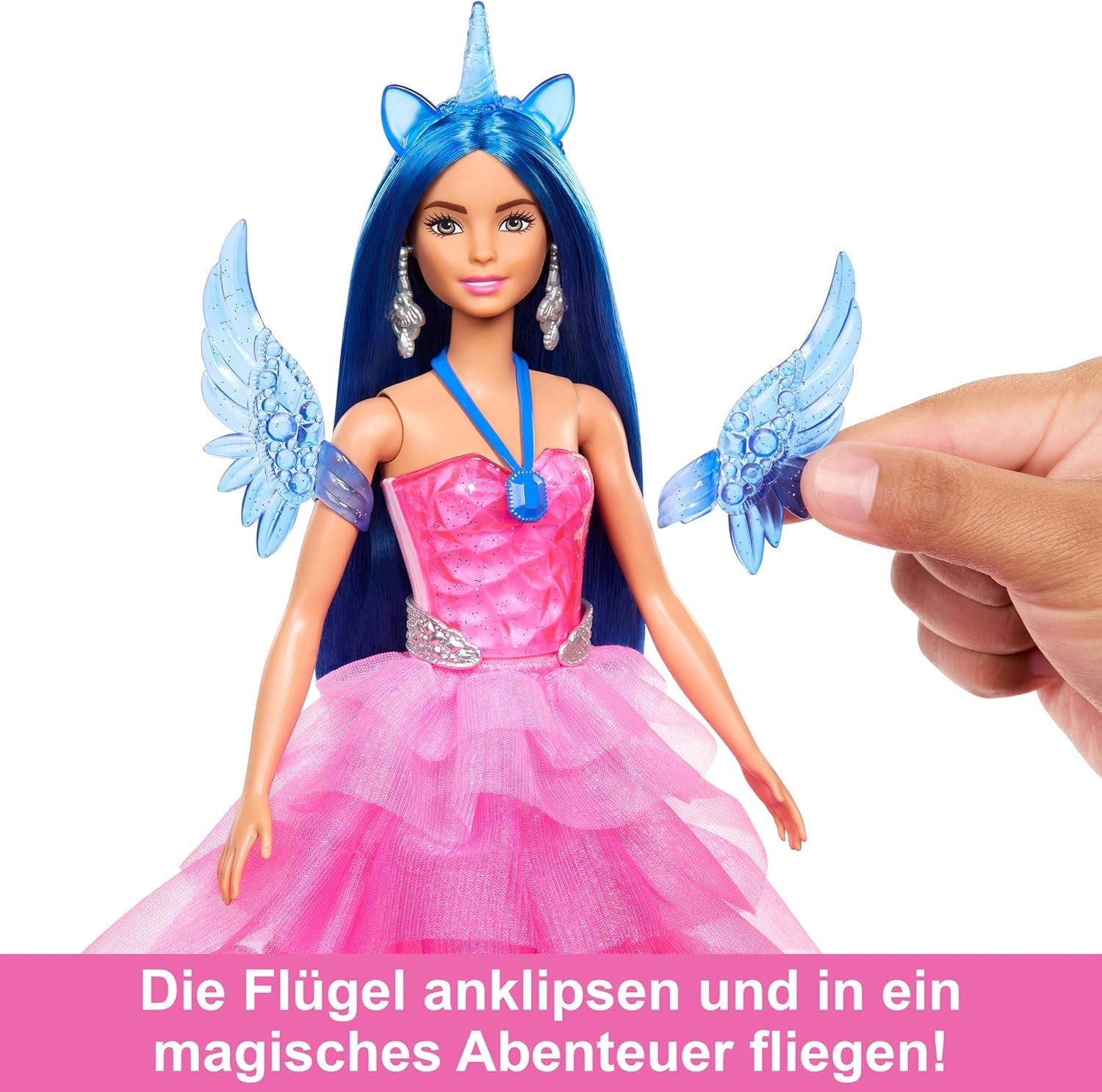 Barbie Ukryta Magia - lalka jednorożec, różowa sukienka z szafirowymi detalami, opaska jednorożca, odpinane szafirowe skrzydła i ogon, od 3 lat, HRR16