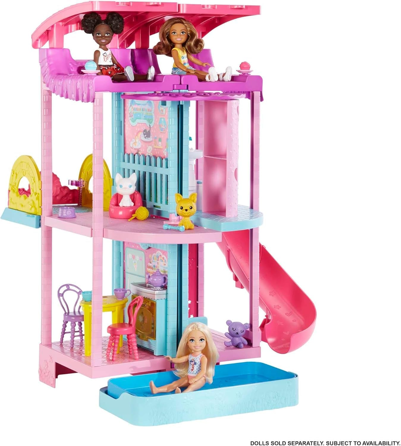 Barbie Chelsea Playhouse — 3 zmieniające się piętra, tajne strefy zabaw, winda, basen, zjeżdżalnia, 2 zwierzęta i ponad 20 akcesoriów, dla dzieci w wieku 3+, HHX44